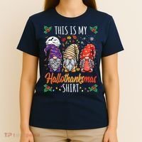 Halloween Thanksgiving Christmas Funny Hallothanksmas Gnomes T-Shirt thumb 4
