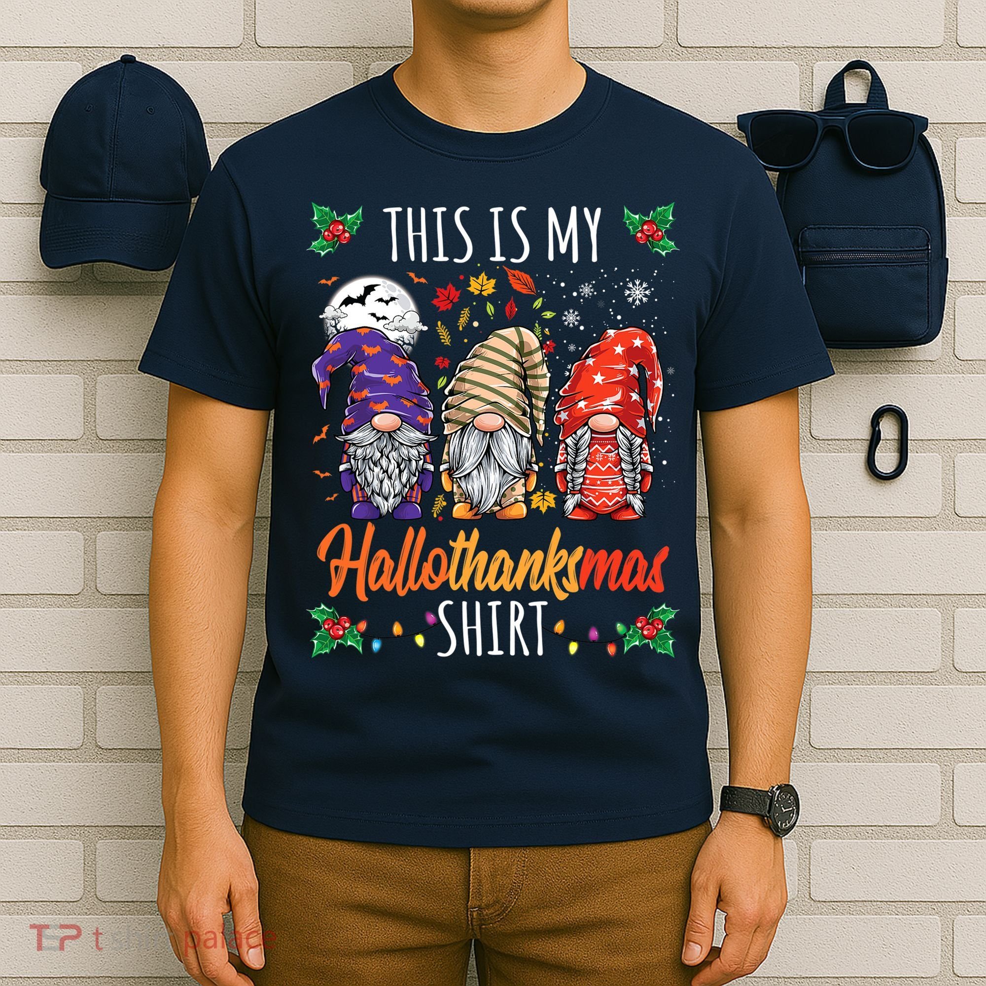 Halloween Thanksgiving Christmas Funny Hallothanksmas Gnomes T-Shirt