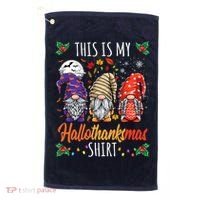 Halloween Thanksgiving Christmas Funny Hallothanksmas Gnomes Golf Towel thumb 0