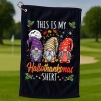 Halloween Thanksgiving Christmas Funny Hallothanksmas Gnomes Golf Towel thumb 1