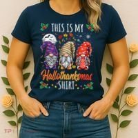 Halloween Thanksgiving Christmas Funny Hallothanksmas Gnomes Women's T-Shirt thumb 2