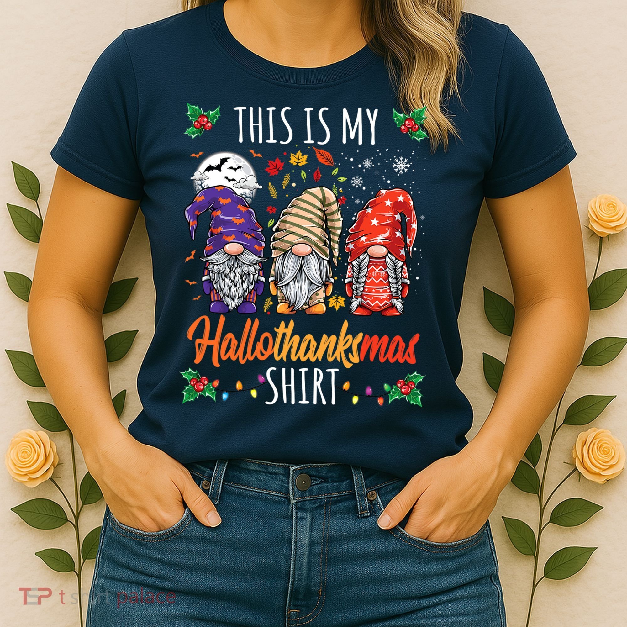 Halloween Thanksgiving Christmas Funny Hallothanksmas Gnomes Women's T-Shirt
