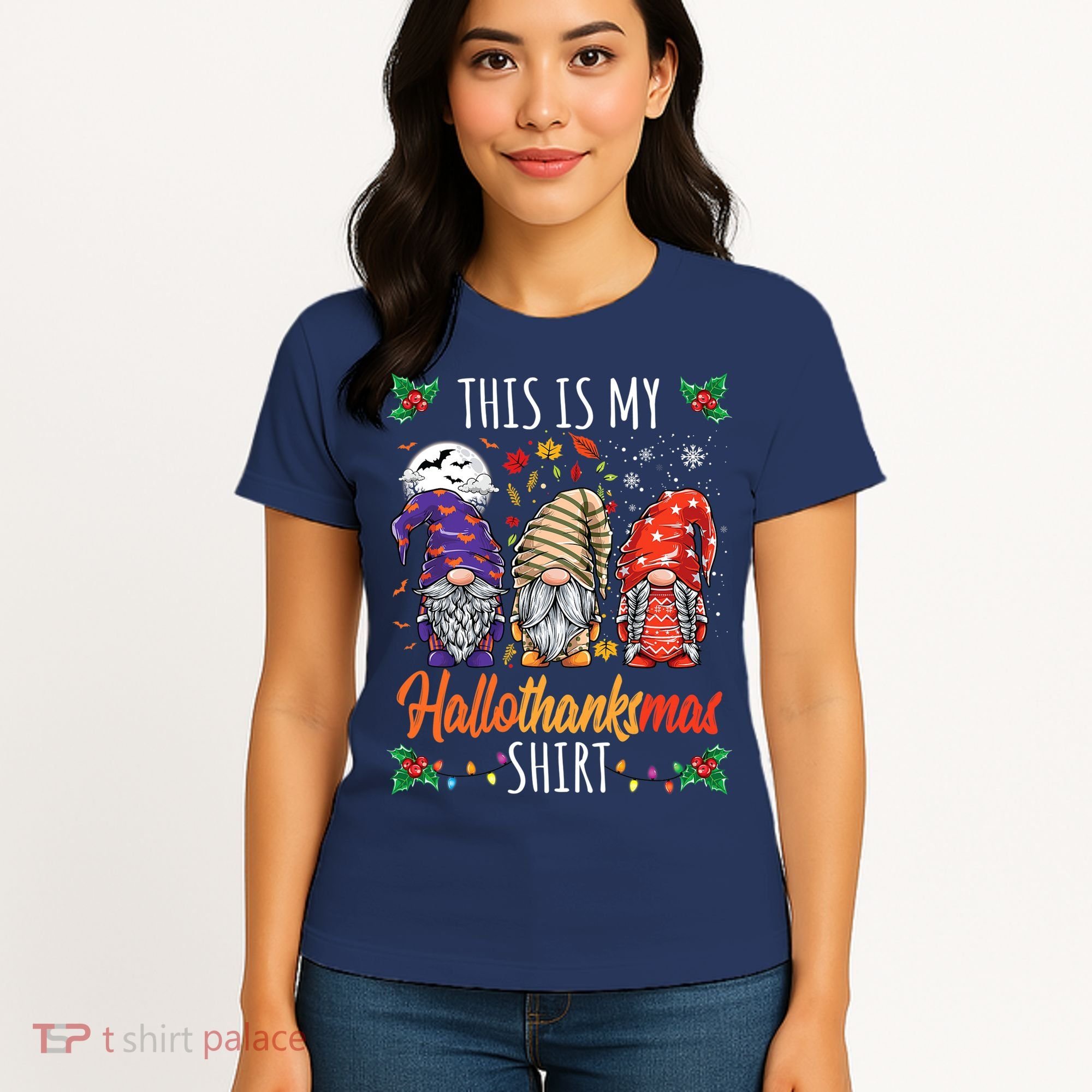 Halloween Thanksgiving Christmas Funny Hallothanksmas Gnomes Women's T-Shirt