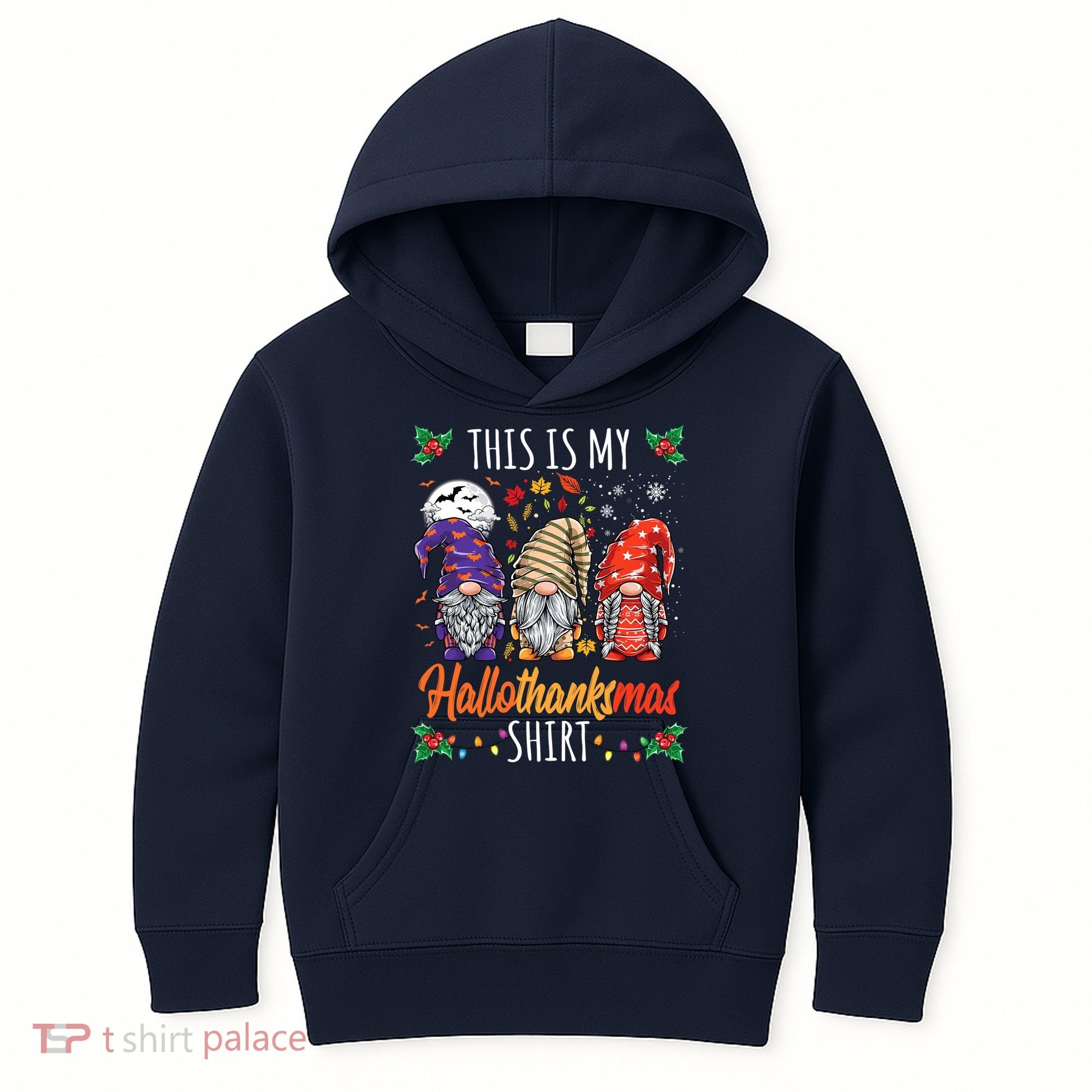 Halloween Thanksgiving Christmas Funny Hallothanksmas Gnomes Kids Hoodie
