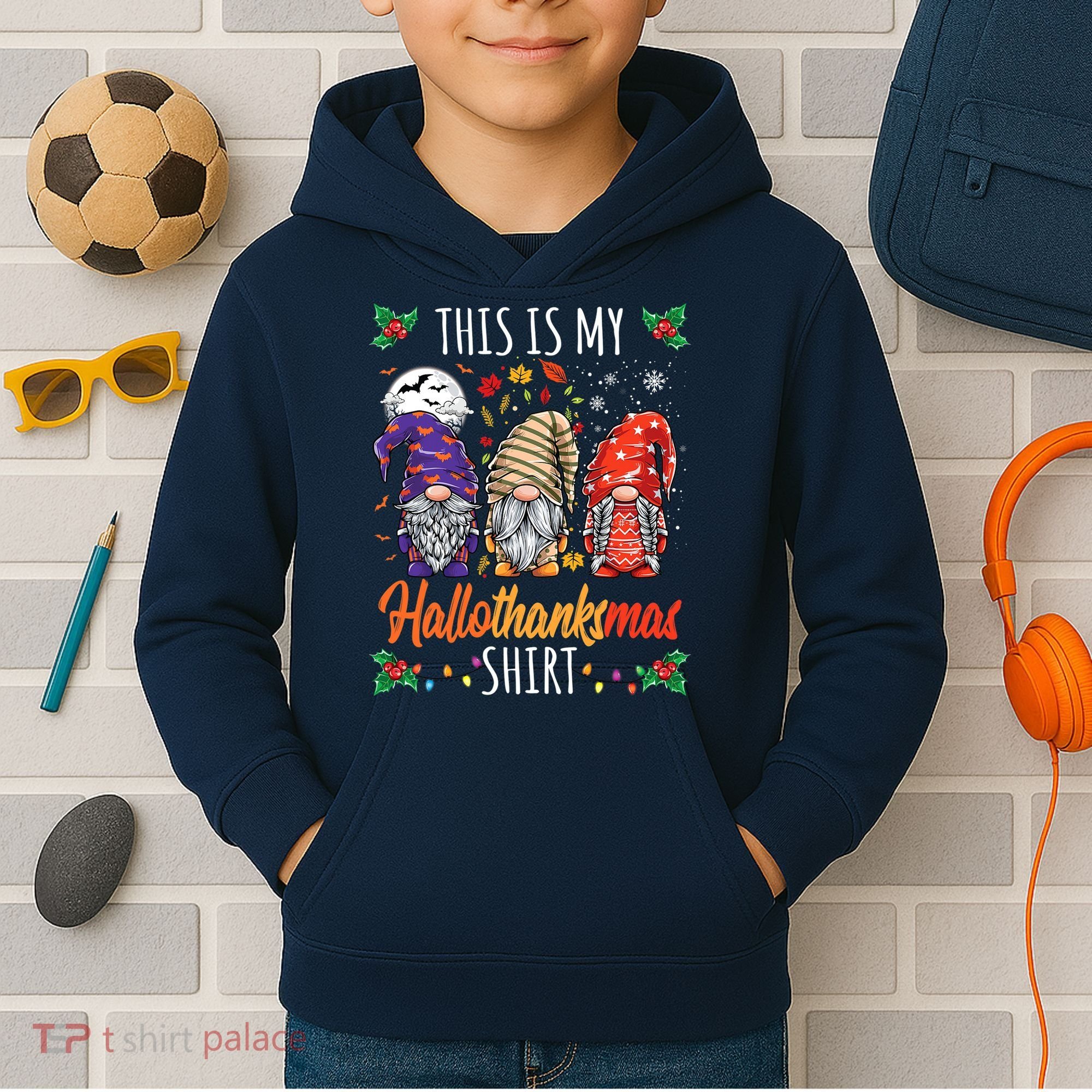 Halloween Thanksgiving Christmas Funny Hallothanksmas Gnomes Kids Hoodie
