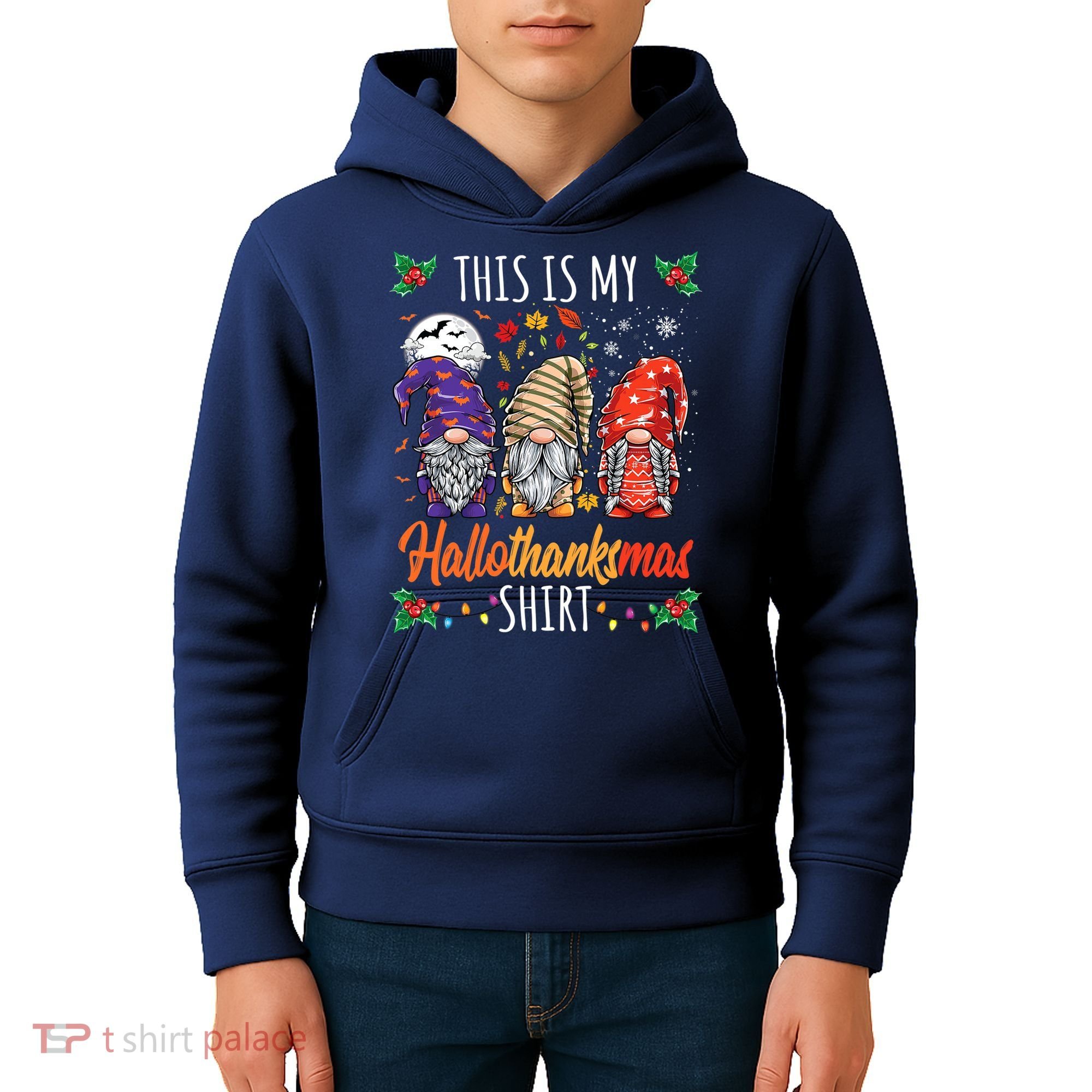 Halloween Thanksgiving Christmas Funny Hallothanksmas Gnomes Kids Hoodie