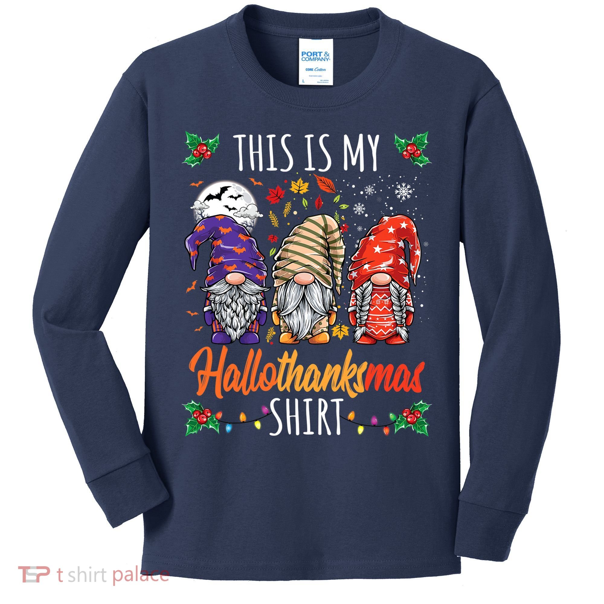 Halloween Thanksgiving Christmas Funny Hallothanksmas Gnomes Kids Long Sleeve Shirt