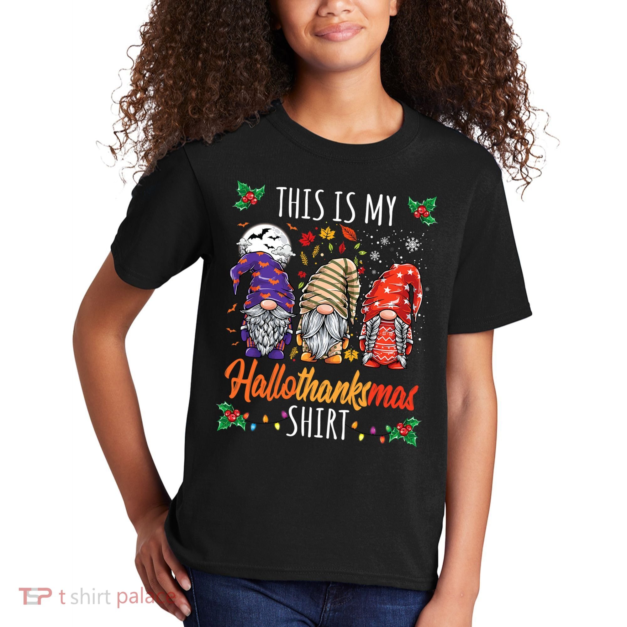 Halloween Thanksgiving Christmas Funny Hallothanksmas Gnomes Kids T-Shirt