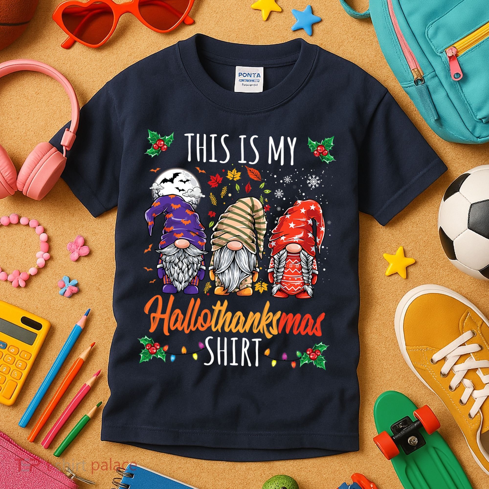 Halloween Thanksgiving Christmas Funny Hallothanksmas Gnomes Kids T-Shirt