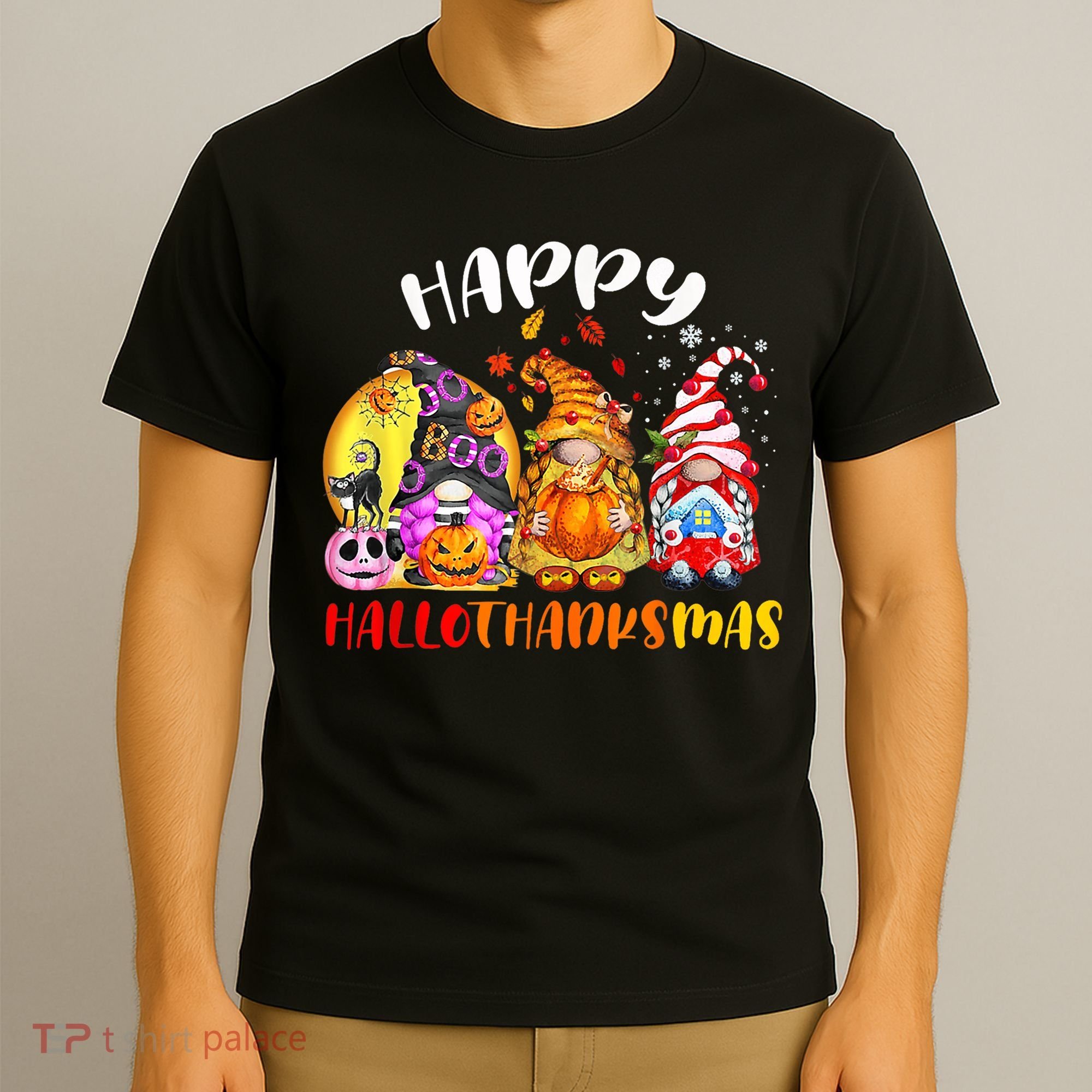 Halloween Thanksgiving Christmas Happy HalloThanksMas Gnomes T-Shirt