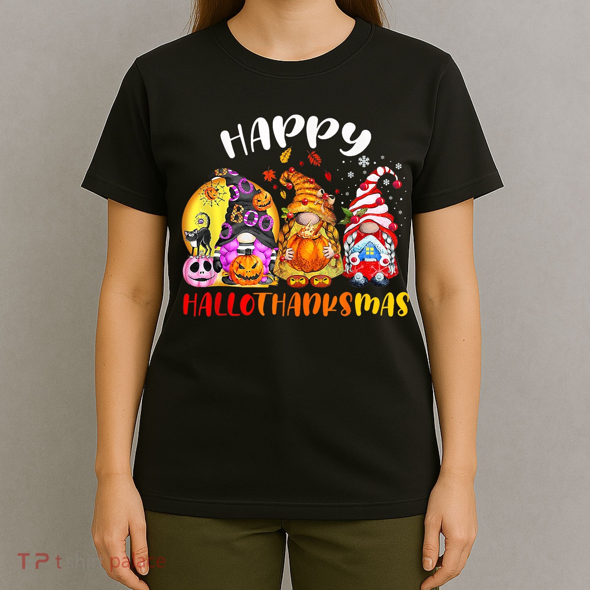 Halloween Thanksgiving Christmas Happy HalloThanksMas Gnomes T-Shirt