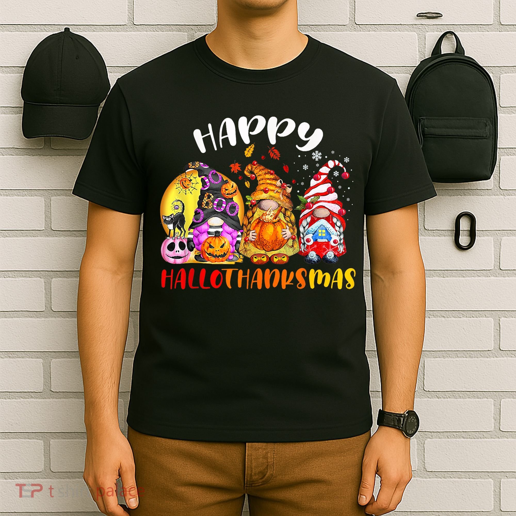 Halloween Thanksgiving Christmas Happy HalloThanksMas Gnomes T-Shirt