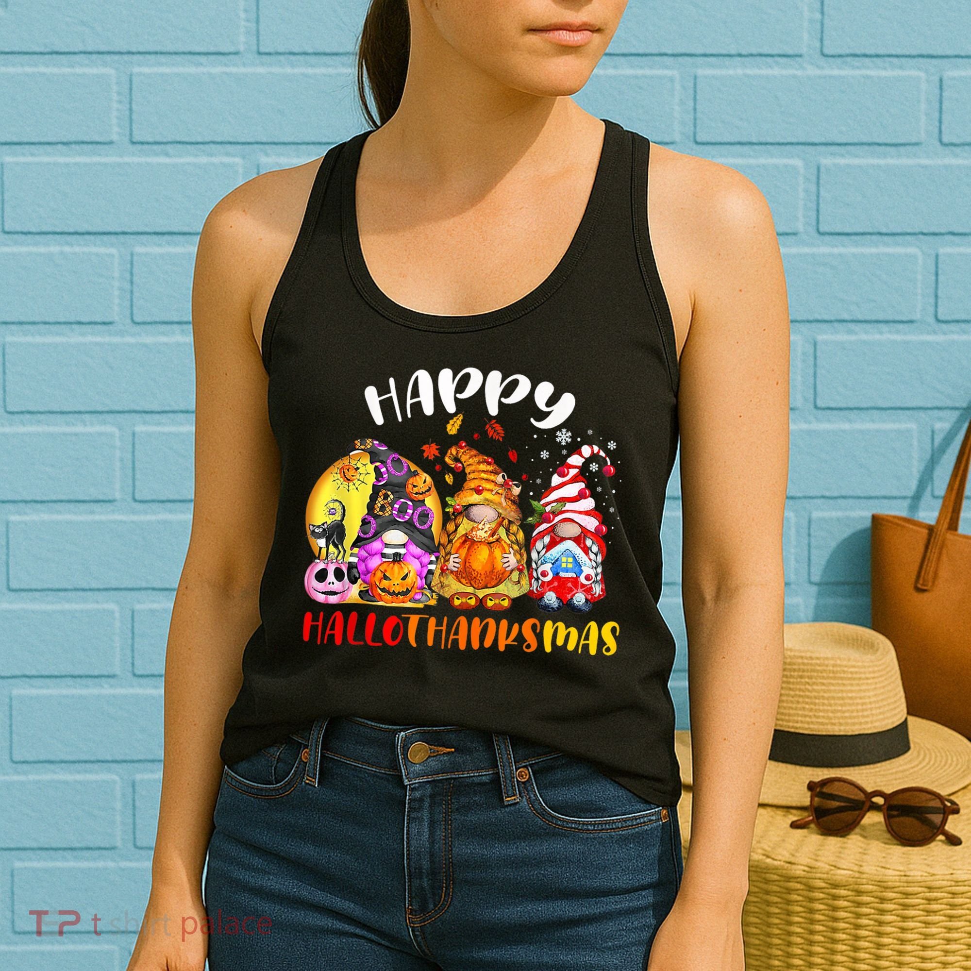 Halloween Thanksgiving Christmas Happy HalloThanksMas Gnomes Women's Tank Top
