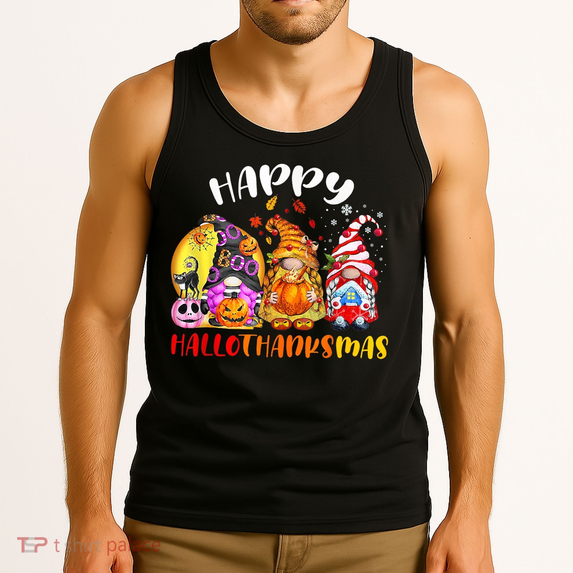 Halloween Thanksgiving Christmas Happy HalloThanksMas Gnomes Tank Top