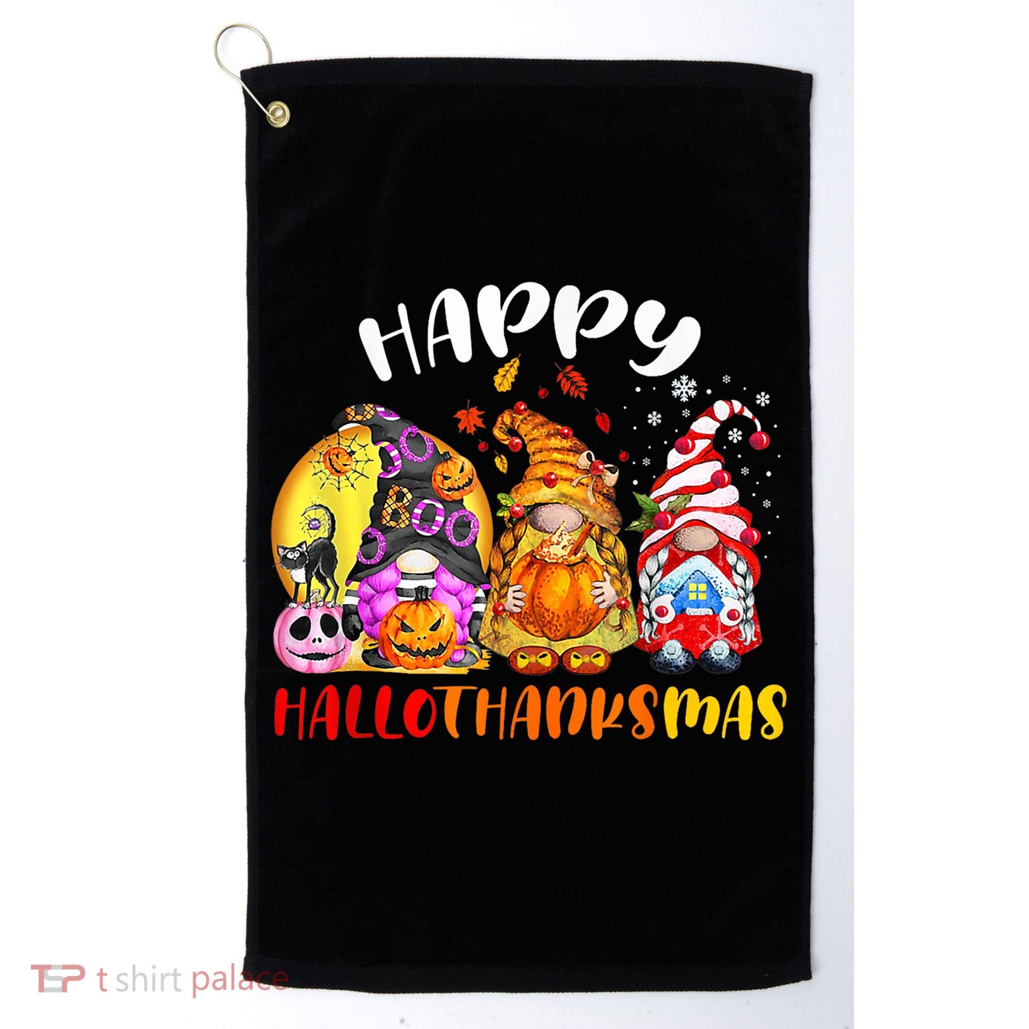 Halloween Thanksgiving Christmas Happy HalloThanksMas Gnomes Golf Towel
