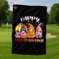Halloween Thanksgiving Christmas Happy HalloThanksMas Gnomes Golf Towel thumb 1