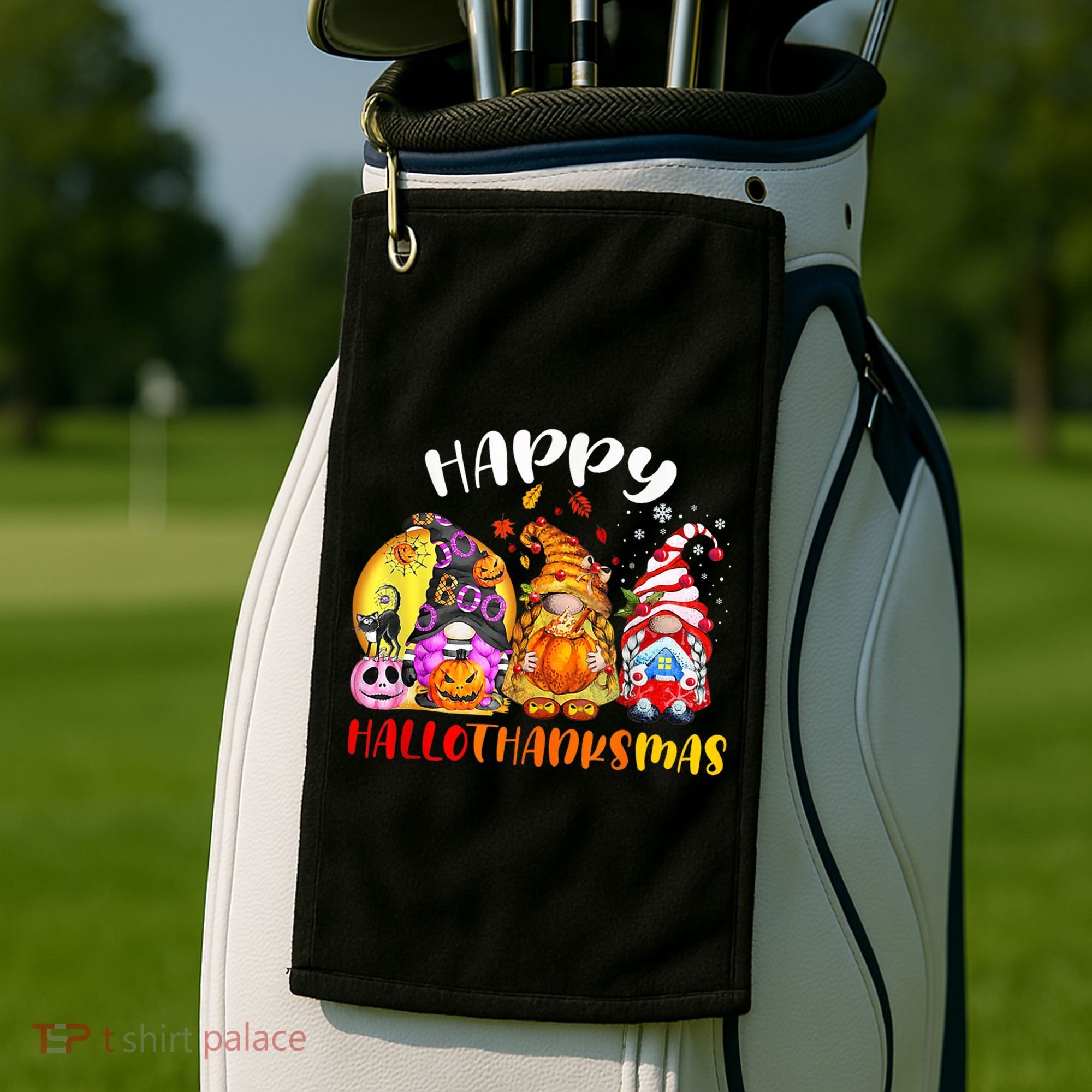 Halloween Thanksgiving Christmas Happy HalloThanksMas Gnomes Golf Towel