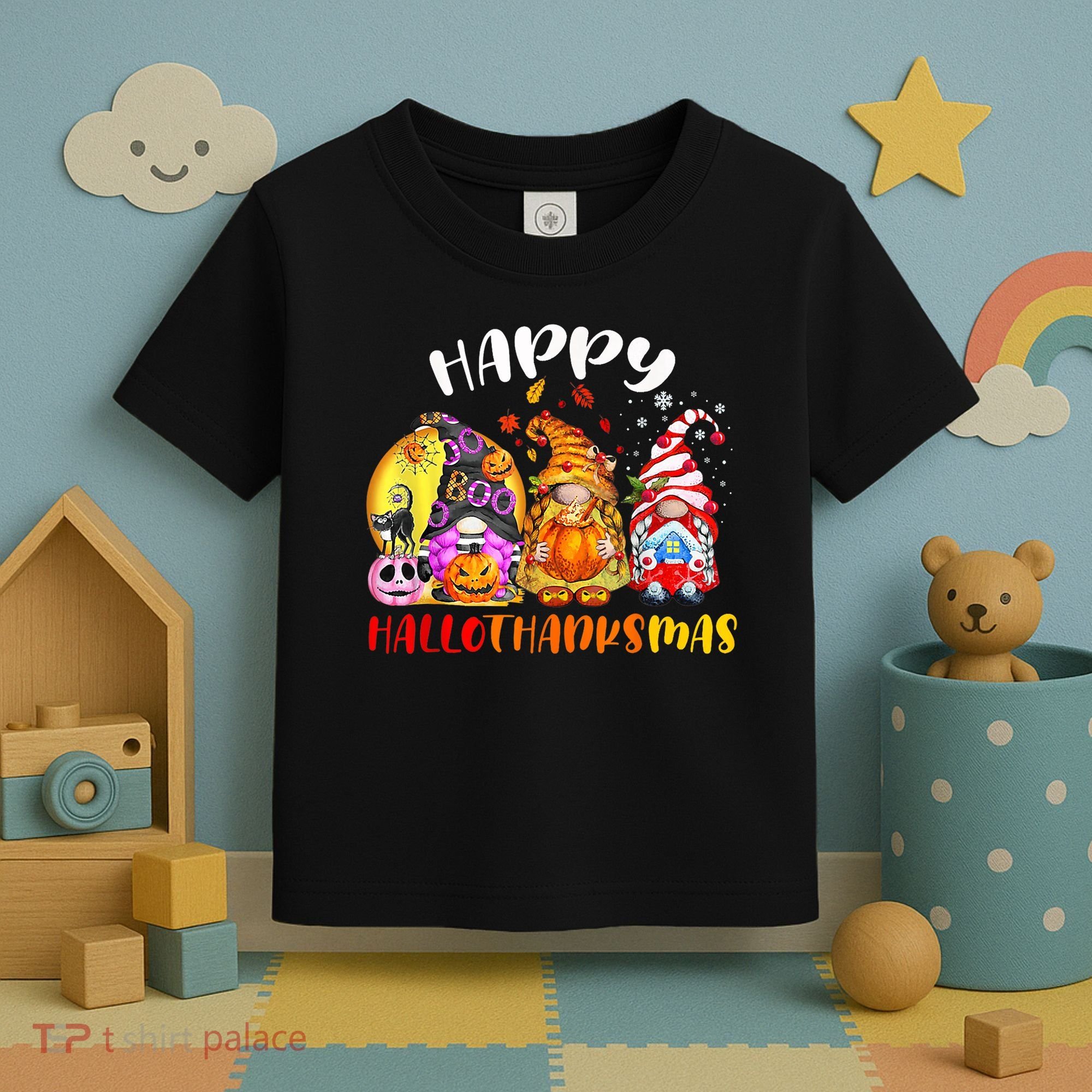 Halloween Thanksgiving Christmas Happy HalloThanksMas Gnomes Toddler T-Shirt