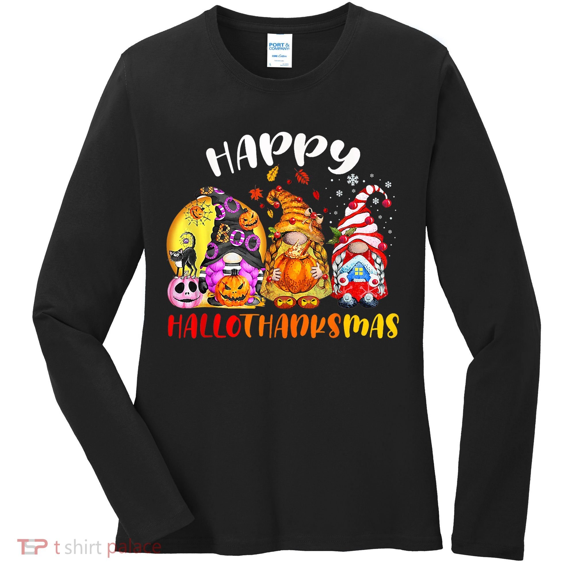 Halloween Thanksgiving Christmas Happy HalloThanksMas Gnomes Women's Long Sleeve Shirt