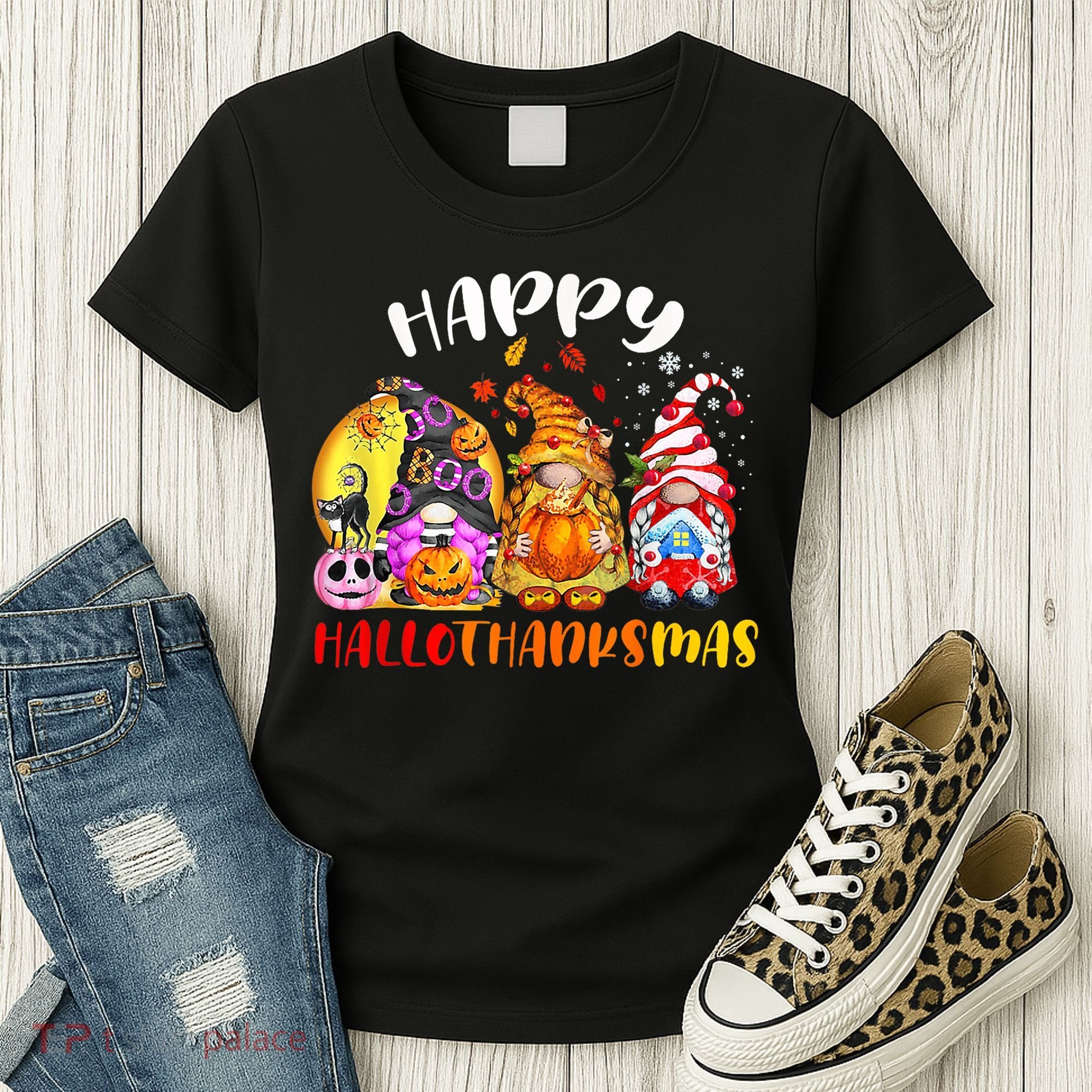Halloween Thanksgiving Christmas Happy HalloThanksMas Gnomes Women's T-Shirt