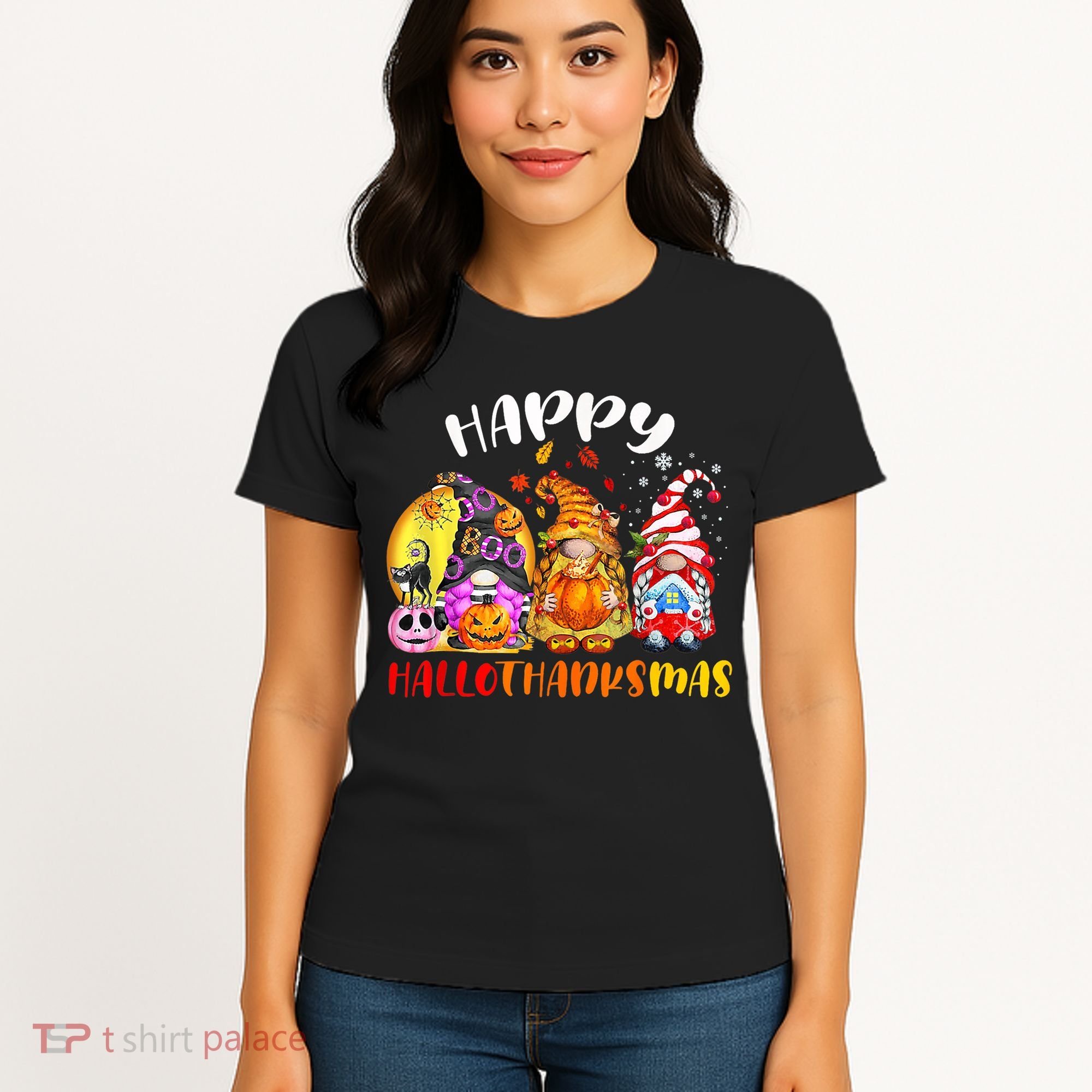 Halloween Thanksgiving Christmas Happy HalloThanksMas Gnomes Women's T-Shirt
