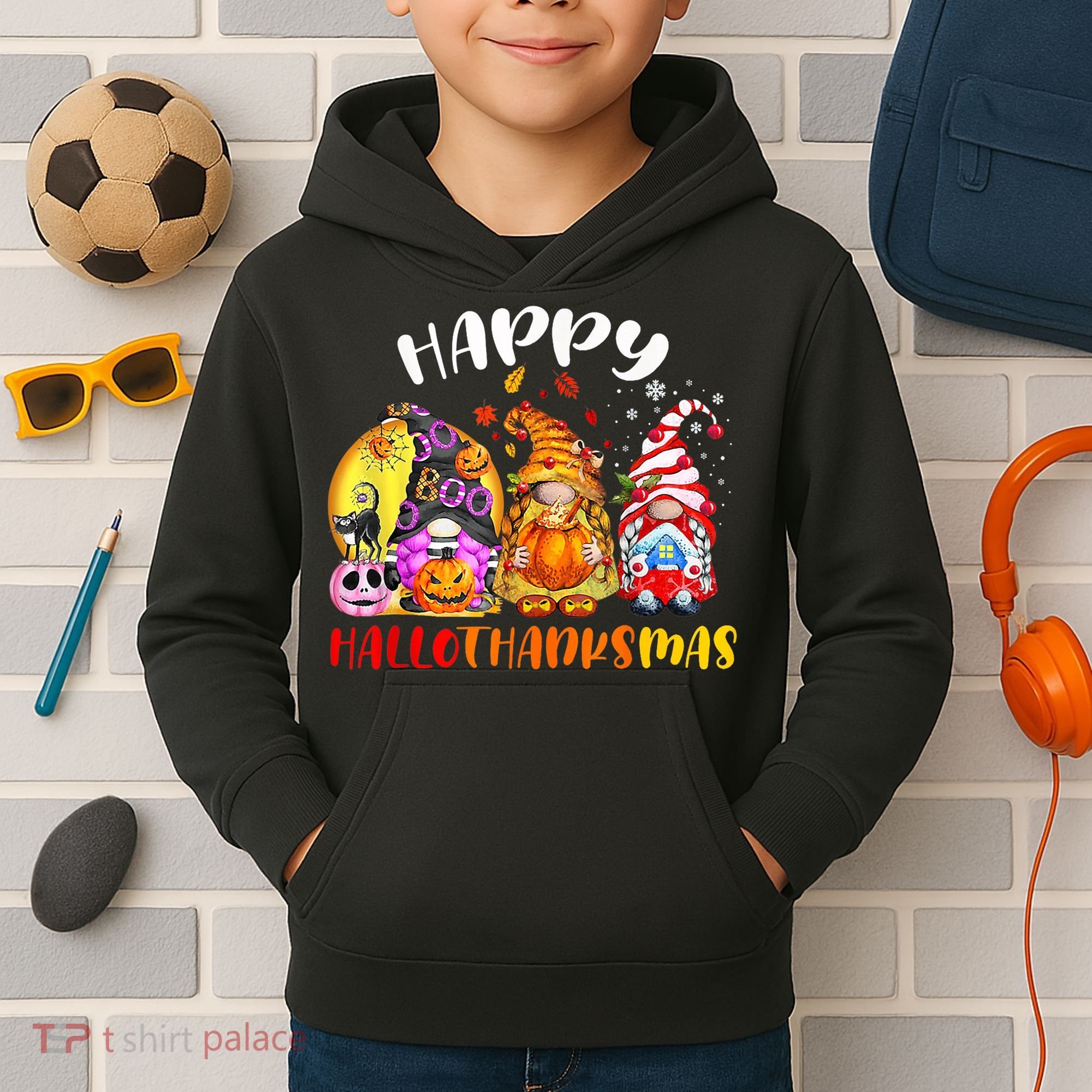Halloween Thanksgiving Christmas Happy HalloThanksMas Gnomes Kids Hoodie