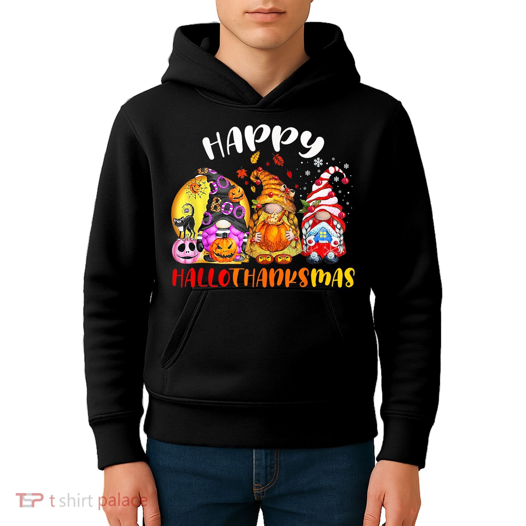 Halloween Thanksgiving Christmas Happy HalloThanksMas Gnomes Kids Hoodie