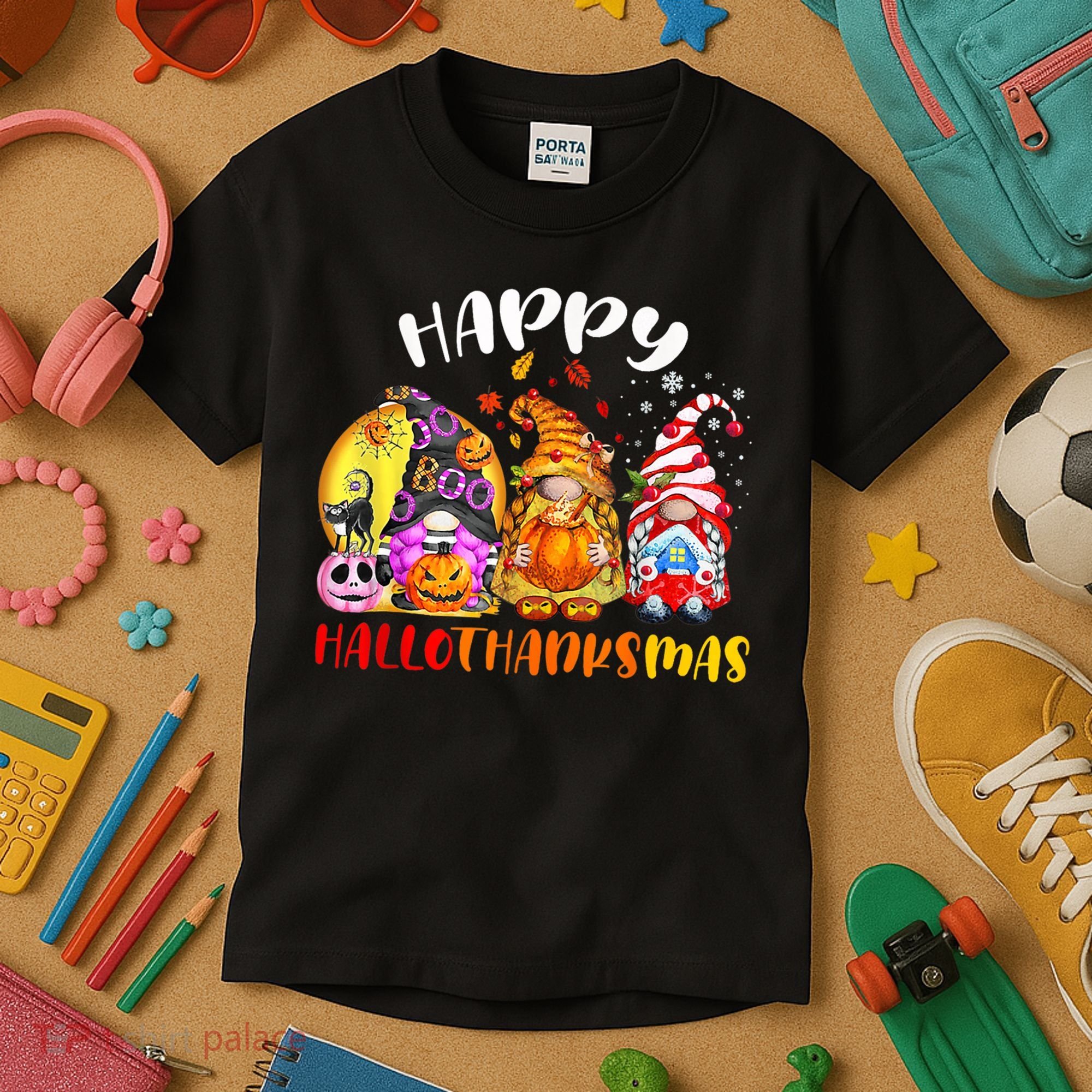 Halloween Thanksgiving Christmas Happy HalloThanksMas Gnomes Kids T-Shirt