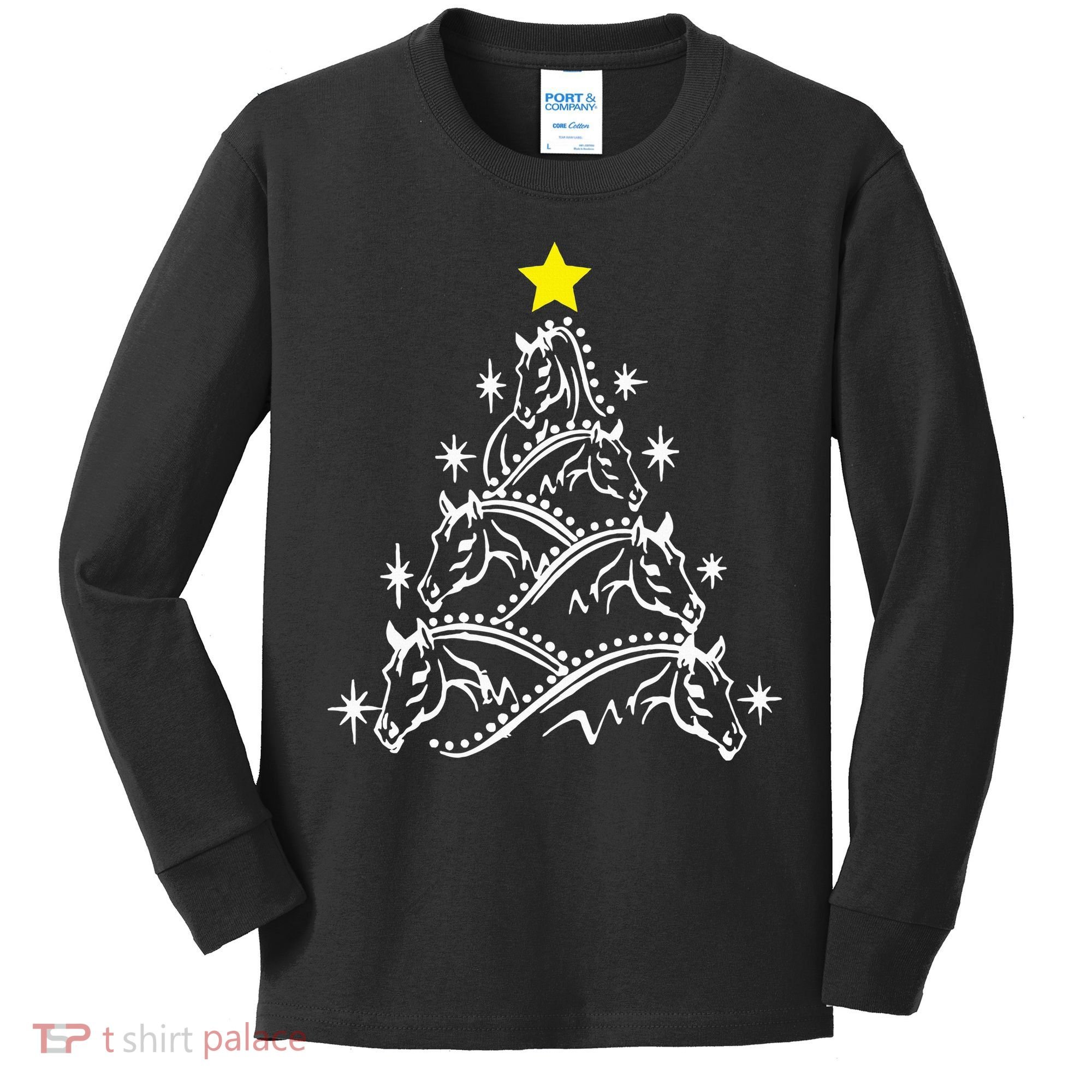 Horse Tree Christmas Horses Xmas Gifts Kids Long Sleeve Shirt