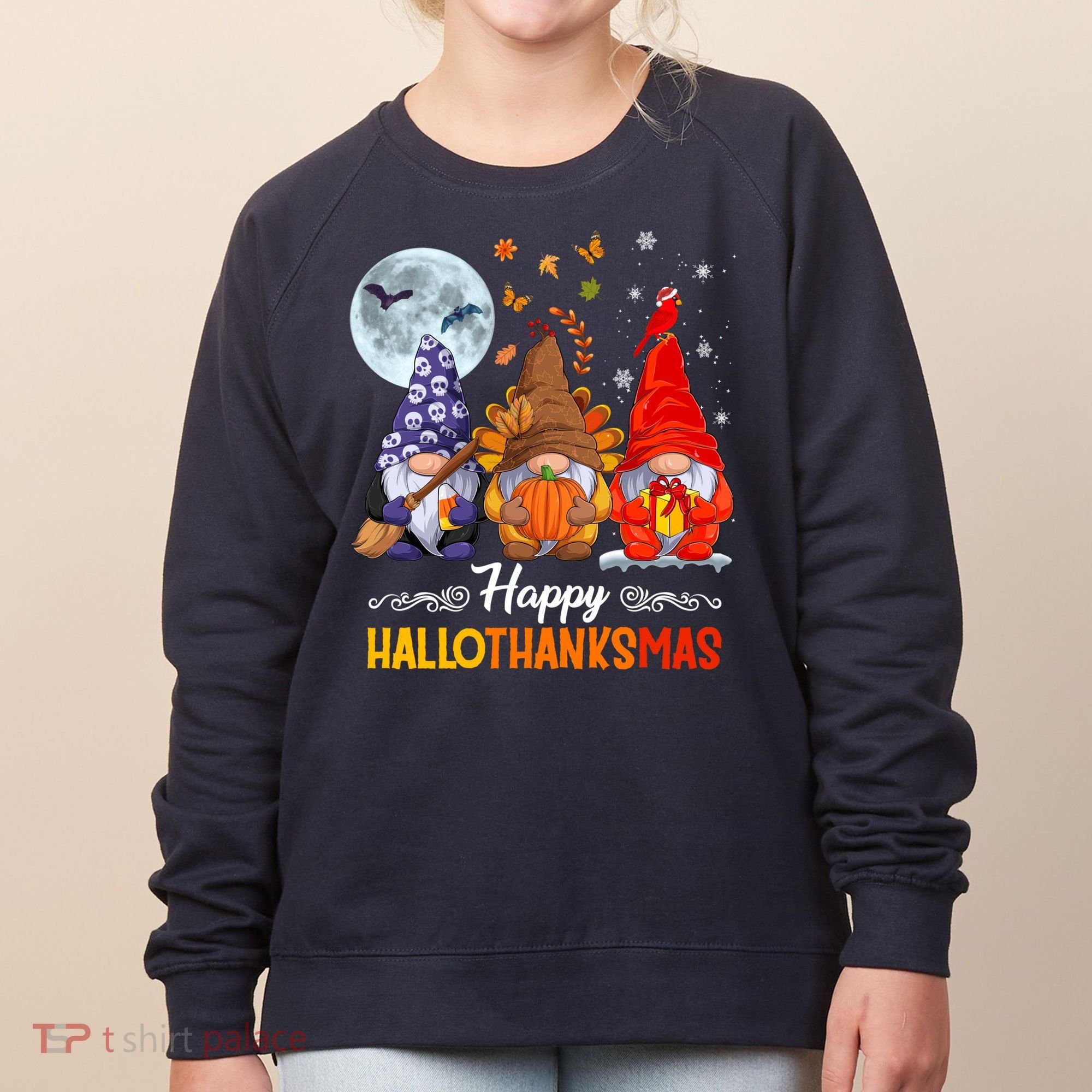 Halloween Thanksgiving Christmas Happy HalloThanksMas Gnomes Women's Sweatshirt