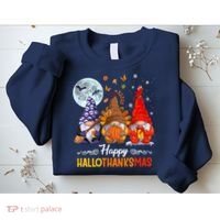 Halloween Thanksgiving Christmas Happy HalloThanksMas Gnomes Sweatshirt thumb 2