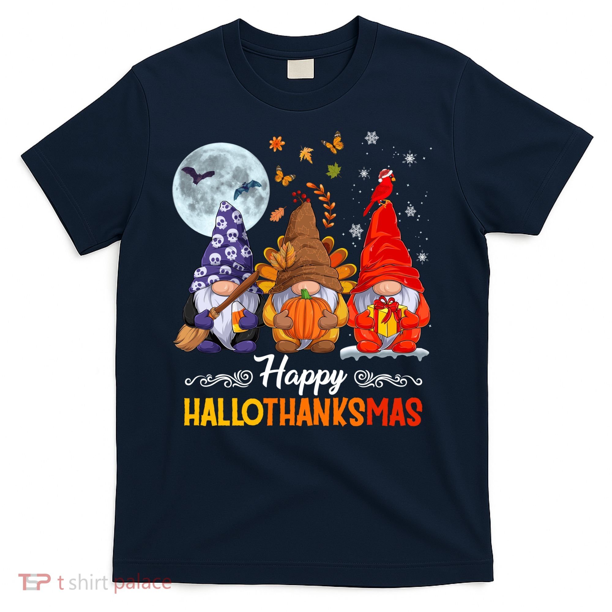 Halloween Thanksgiving Christmas Happy HalloThanksMas Gnomes T-Shirt