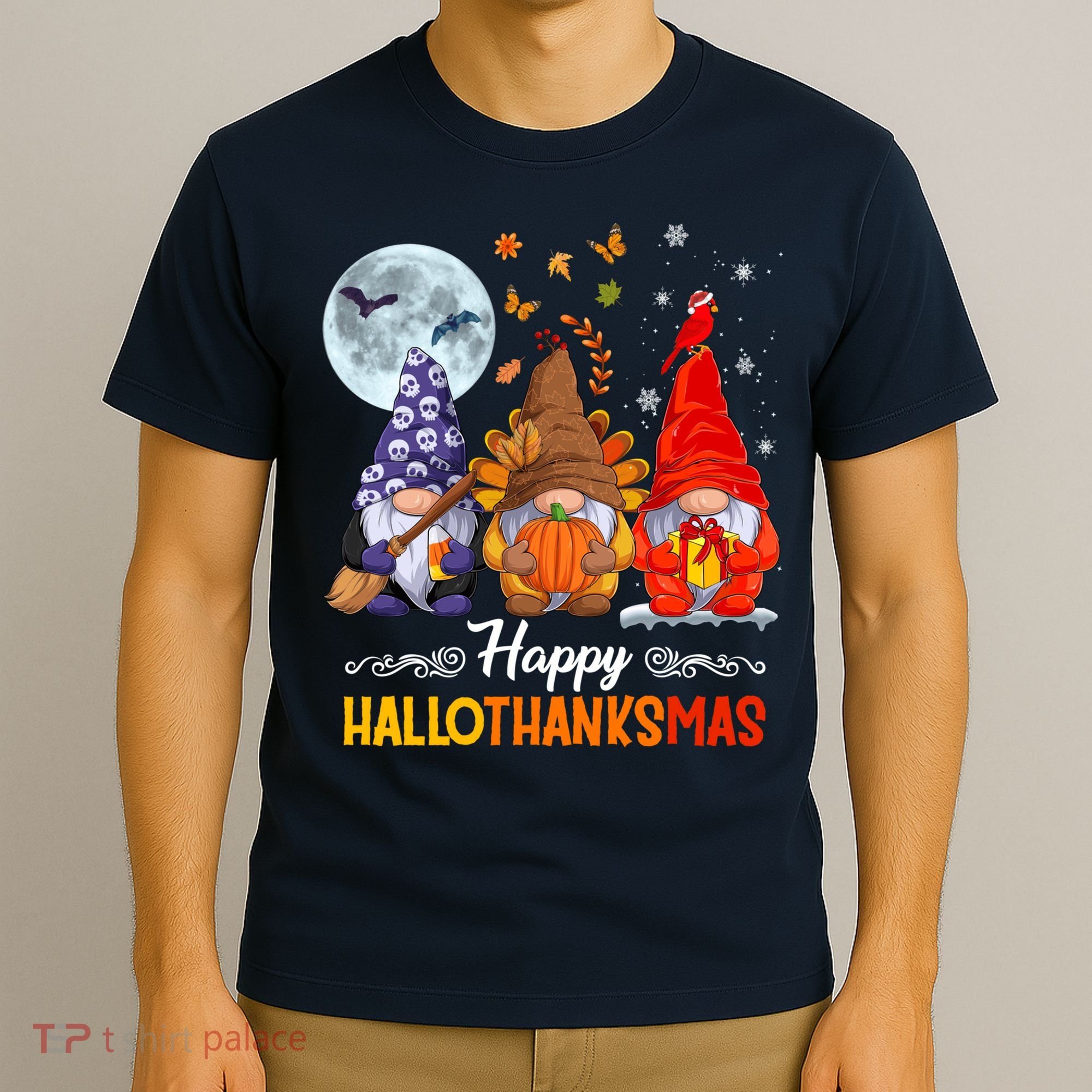 Halloween Thanksgiving Christmas Happy HalloThanksMas Gnomes T-Shirt