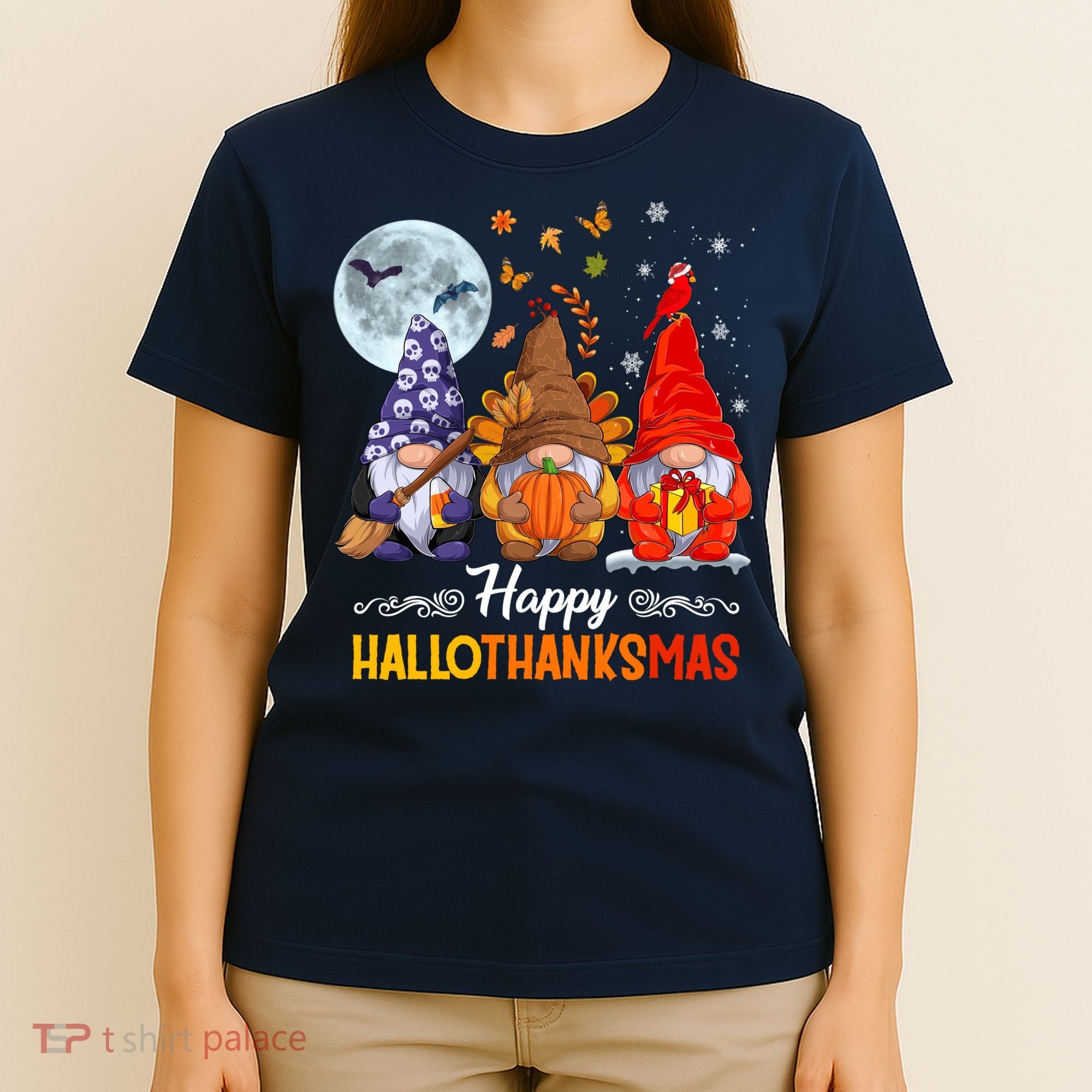 Halloween Thanksgiving Christmas Happy HalloThanksMas Gnomes T-Shirt