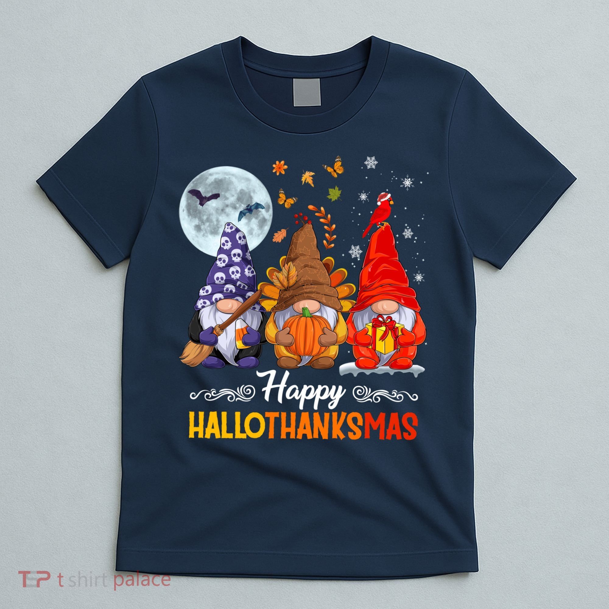 Halloween Thanksgiving Christmas Happy HalloThanksMas Gnomes T-Shirt