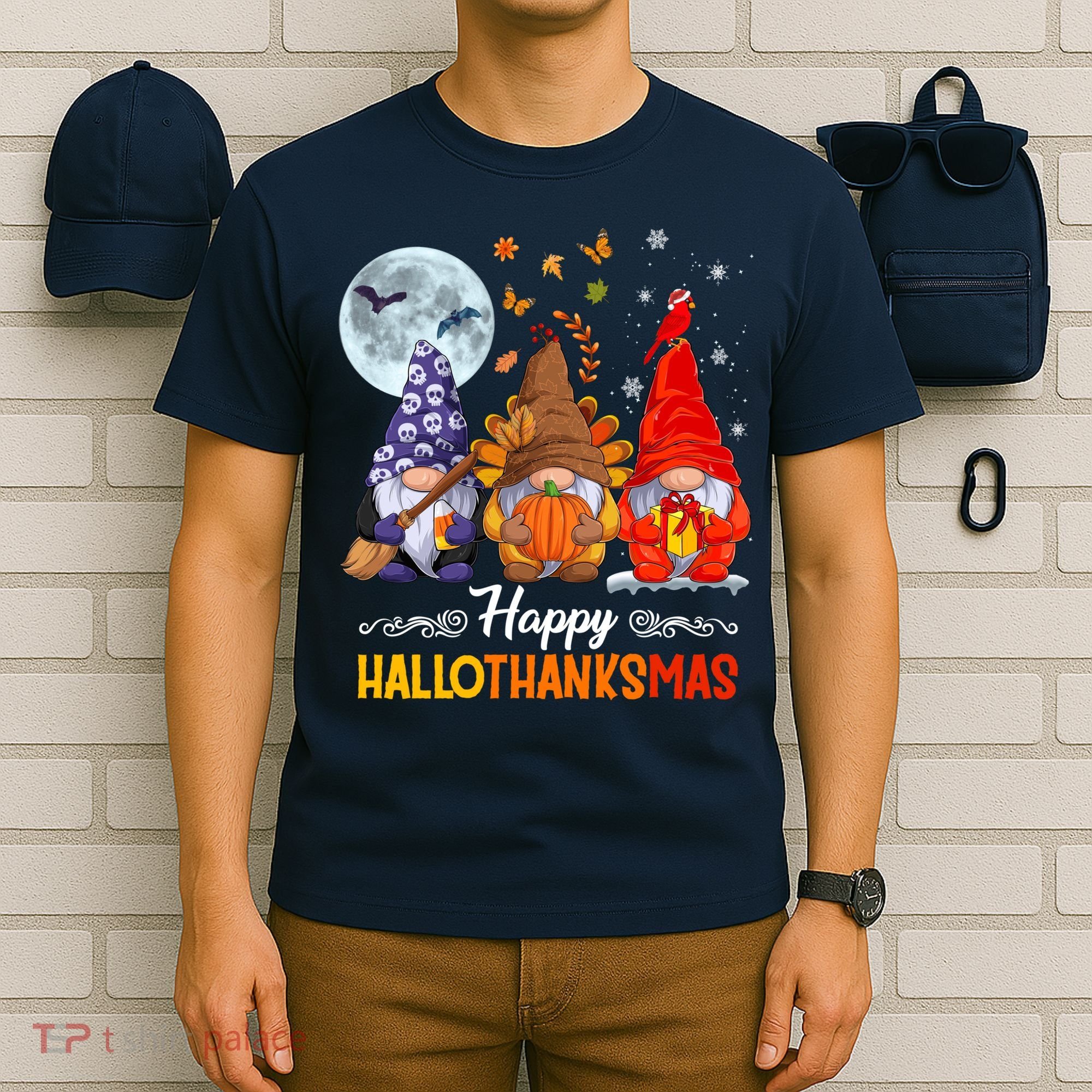 Halloween Thanksgiving Christmas Happy HalloThanksMas Gnomes T-Shirt