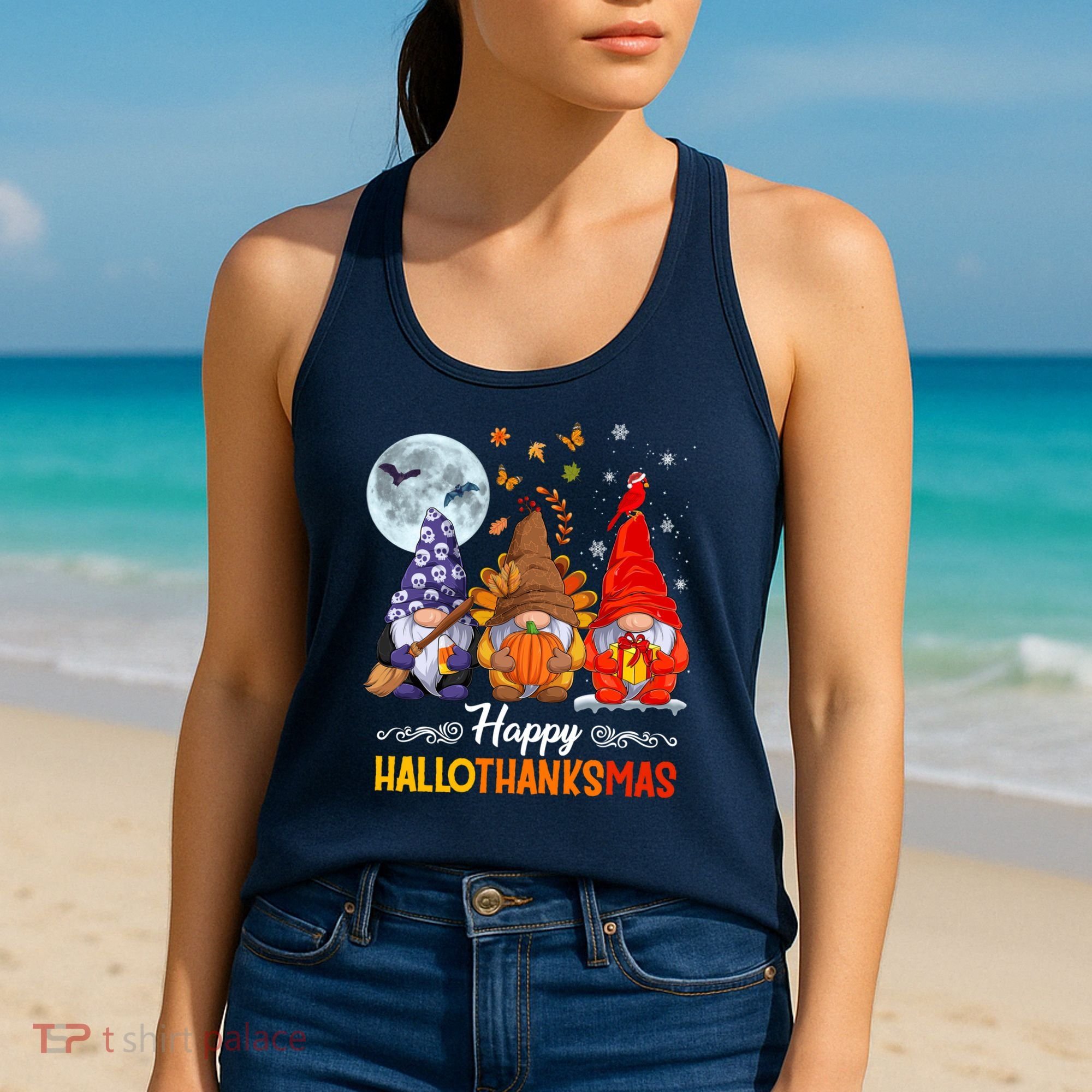 Halloween Thanksgiving Christmas Happy HalloThanksMas Gnomes Women's Tank Top