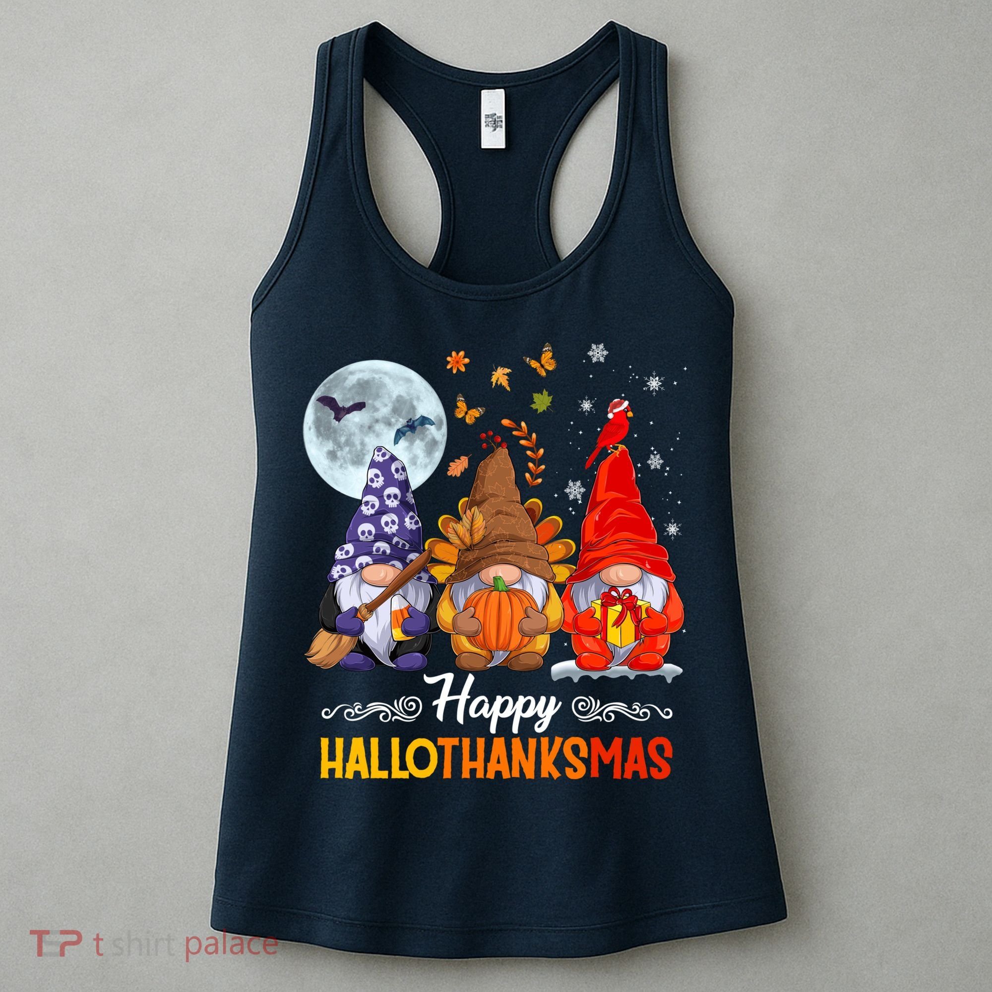 Halloween Thanksgiving Christmas Happy HalloThanksMas Gnomes Women's Tank Top