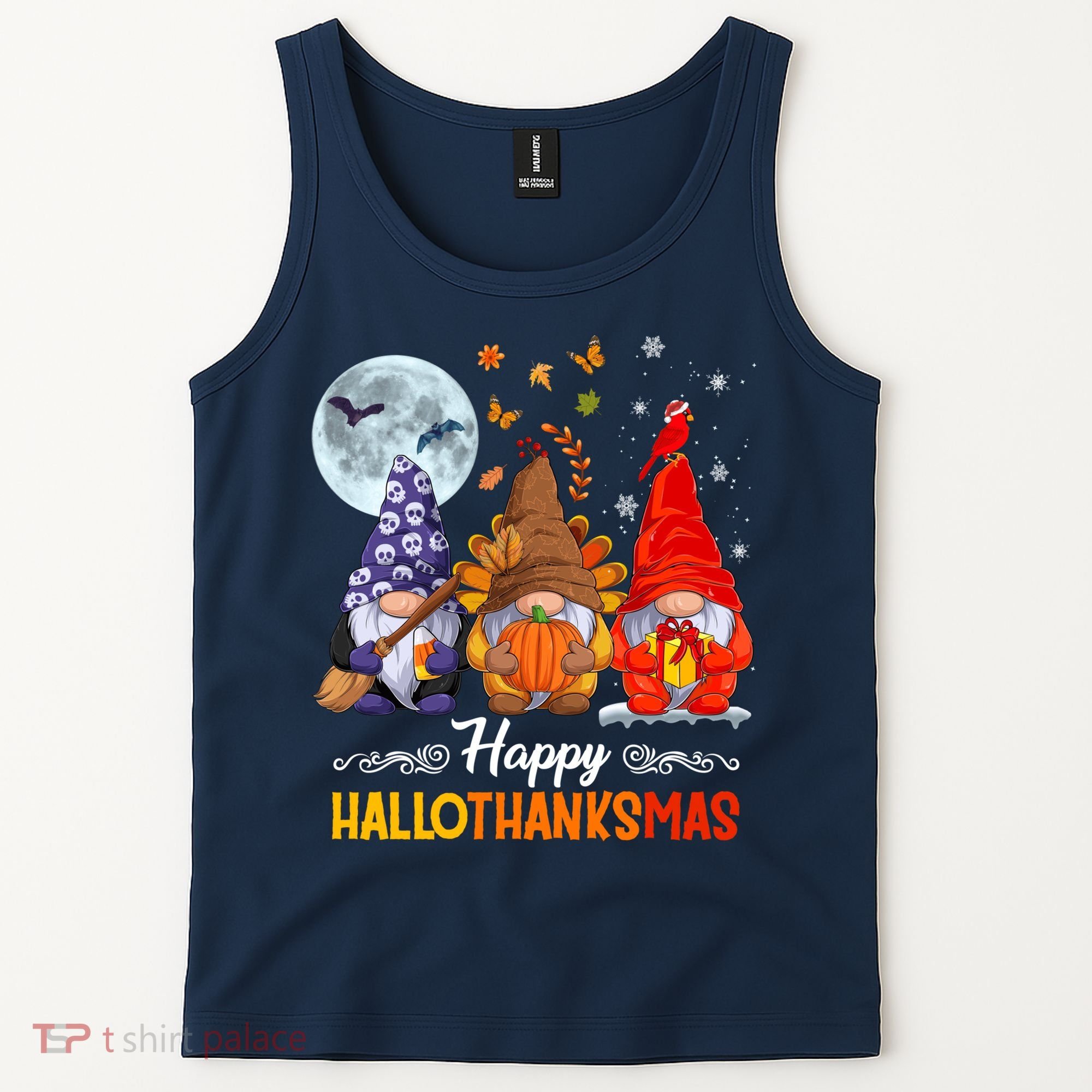 Halloween Thanksgiving Christmas Happy HalloThanksMas Gnomes Tank Top