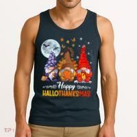 Halloween Thanksgiving Christmas Happy HalloThanksMas Gnomes Tank Top thumb 3