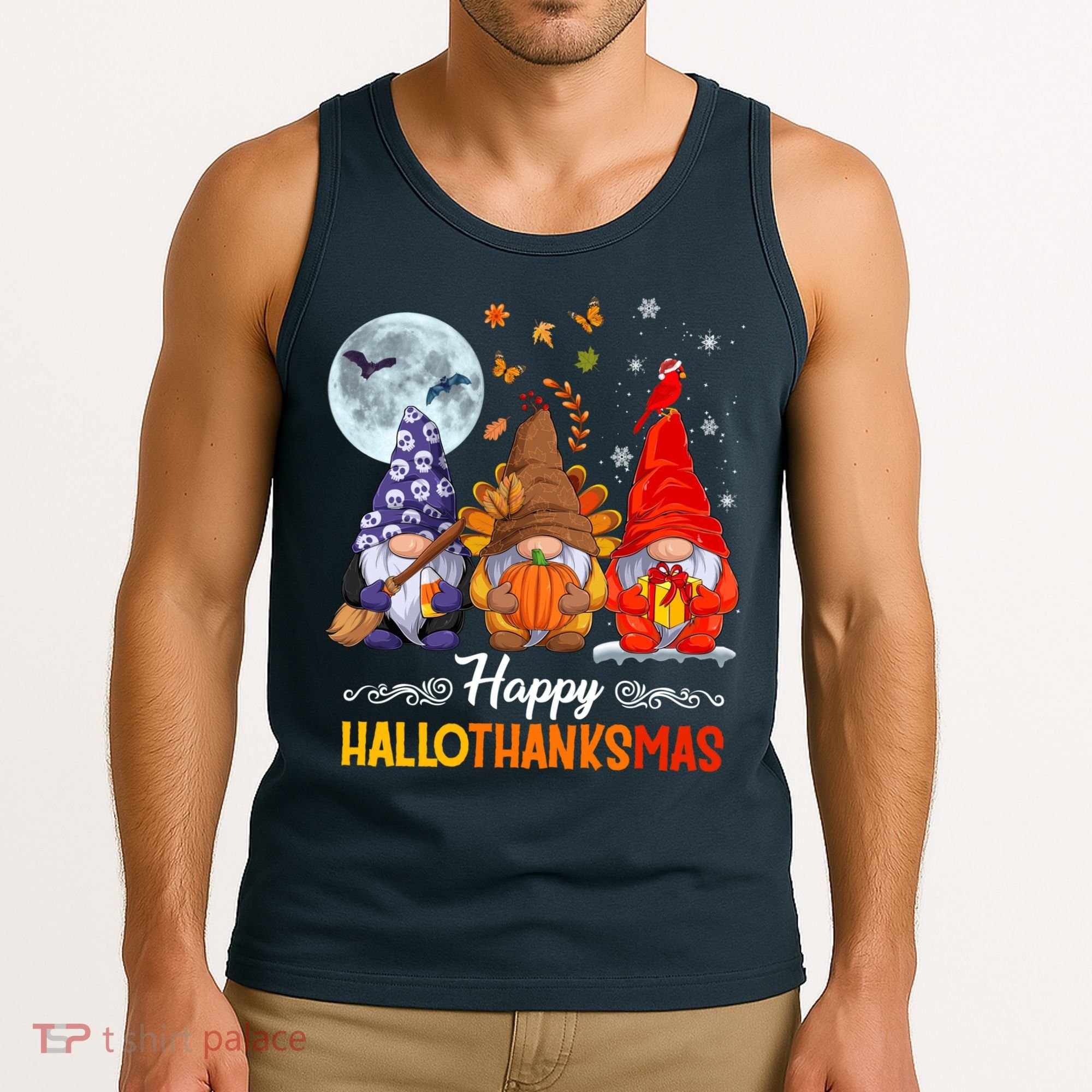 Halloween Thanksgiving Christmas Happy HalloThanksMas Gnomes Tank Top
