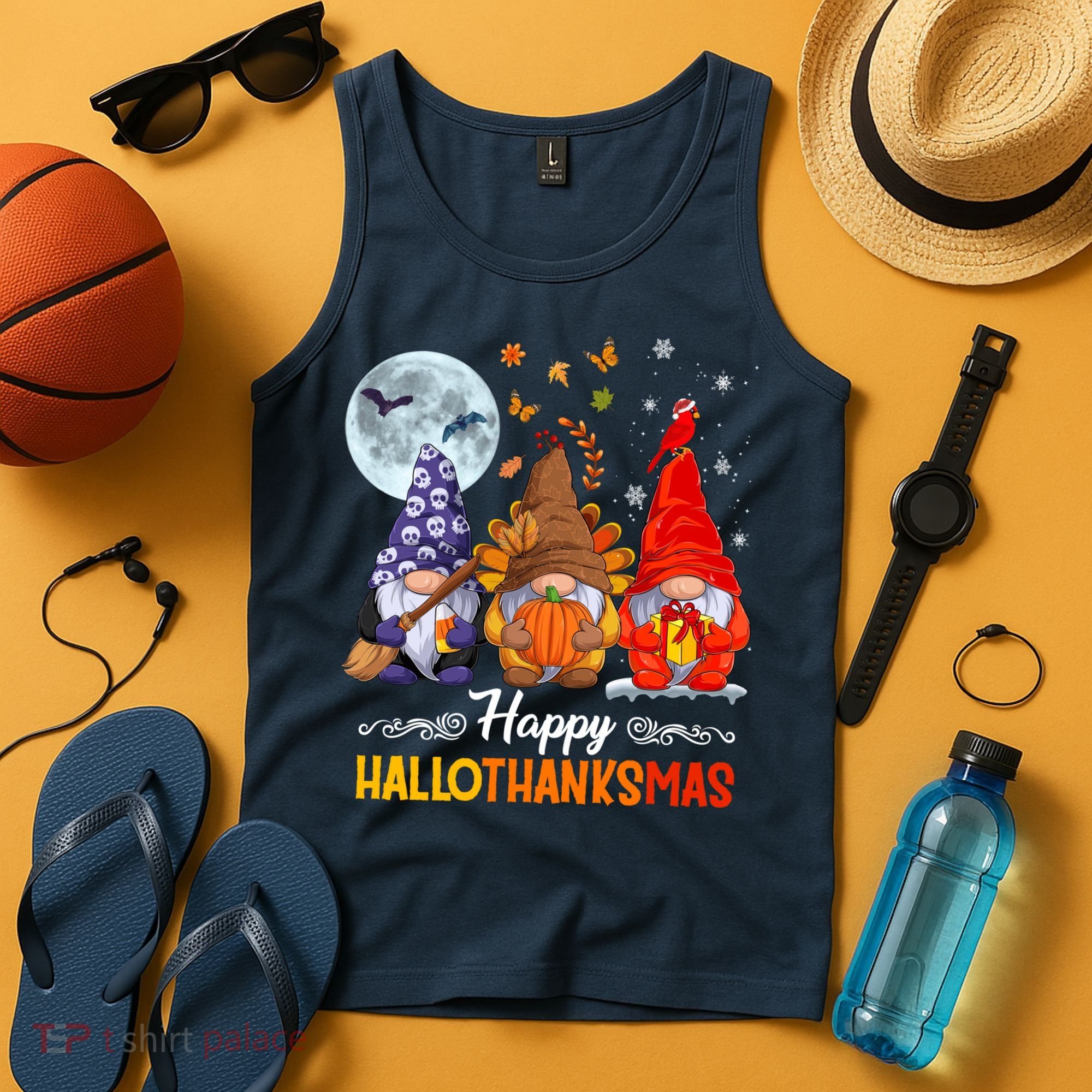Halloween Thanksgiving Christmas Happy HalloThanksMas Gnomes Tank Top