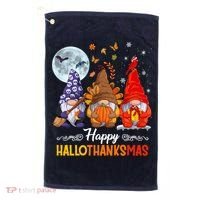 Halloween Thanksgiving Christmas Happy HalloThanksMas Gnomes Golf Towel thumb 0