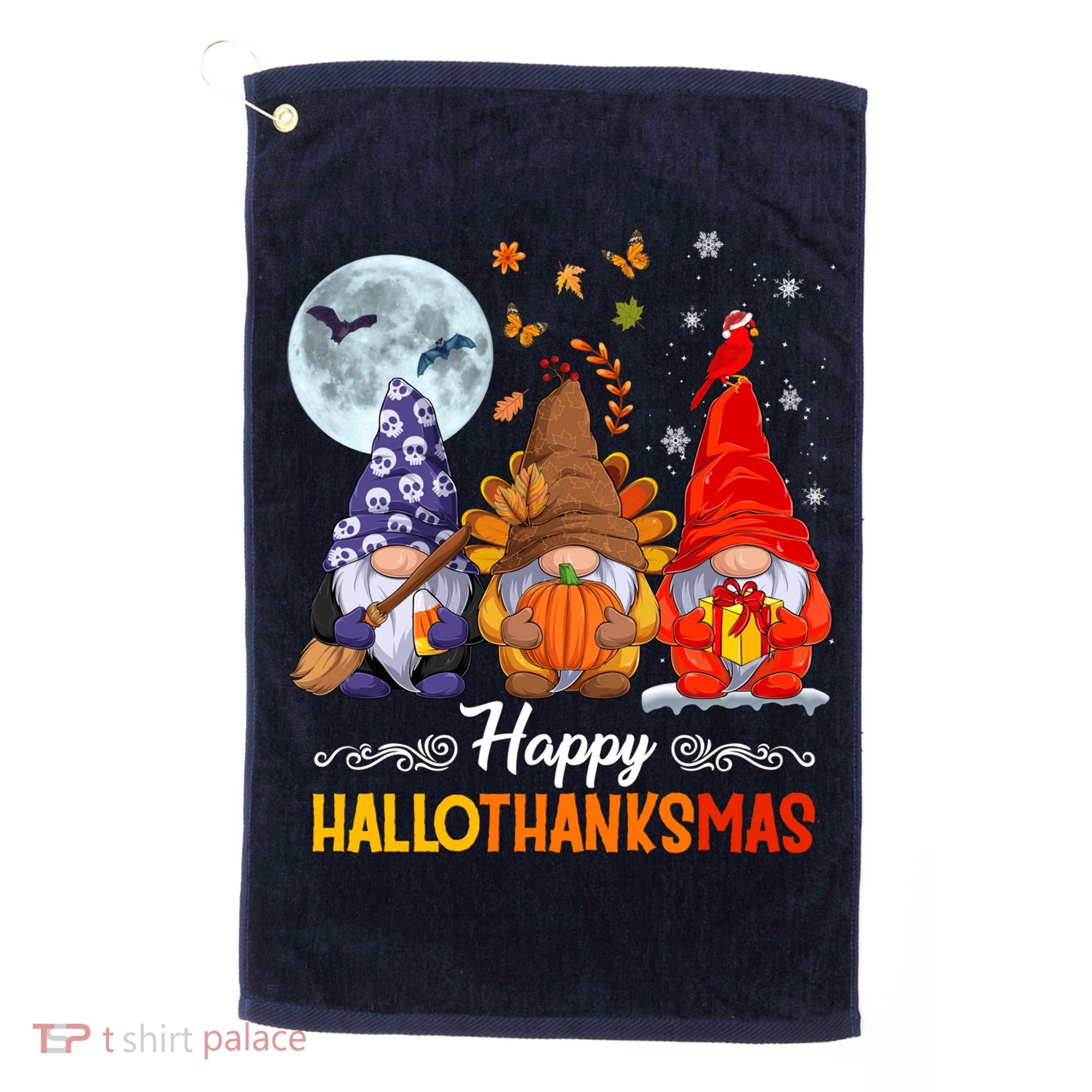 Halloween Thanksgiving Christmas Happy HalloThanksMas Gnomes Golf Towel