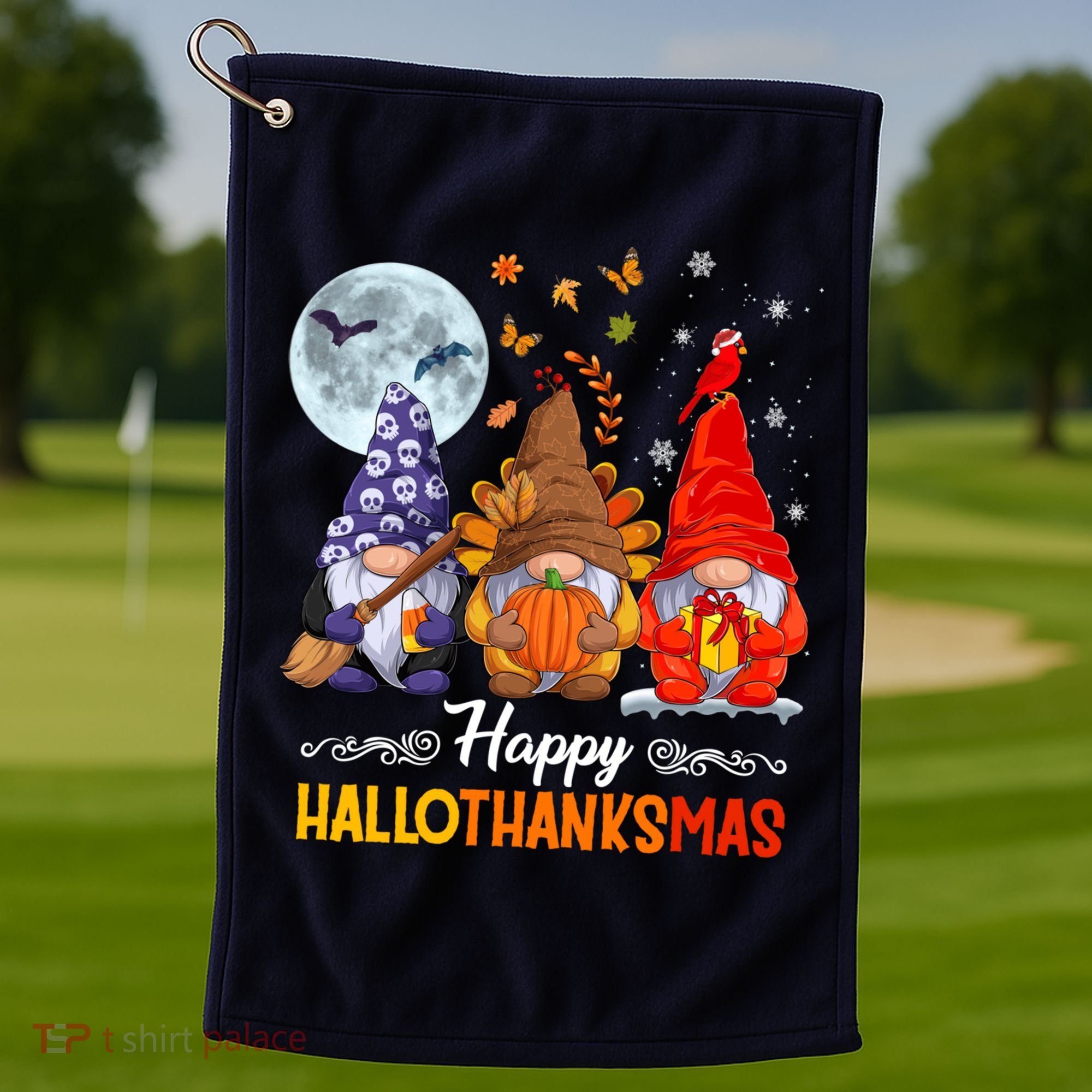 Halloween Thanksgiving Christmas Happy HalloThanksMas Gnomes Golf Towel