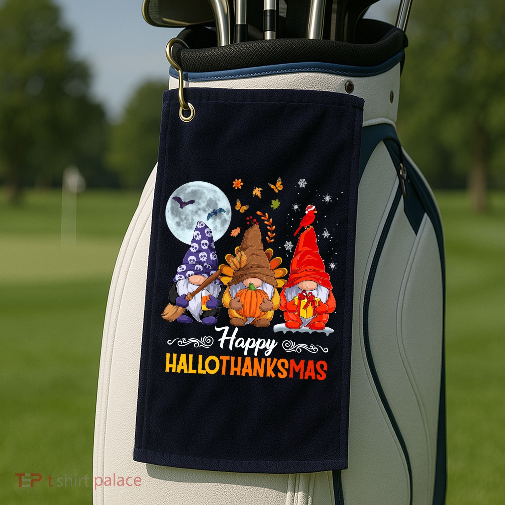 Halloween Thanksgiving Christmas Happy HalloThanksMas Gnomes Golf Towel