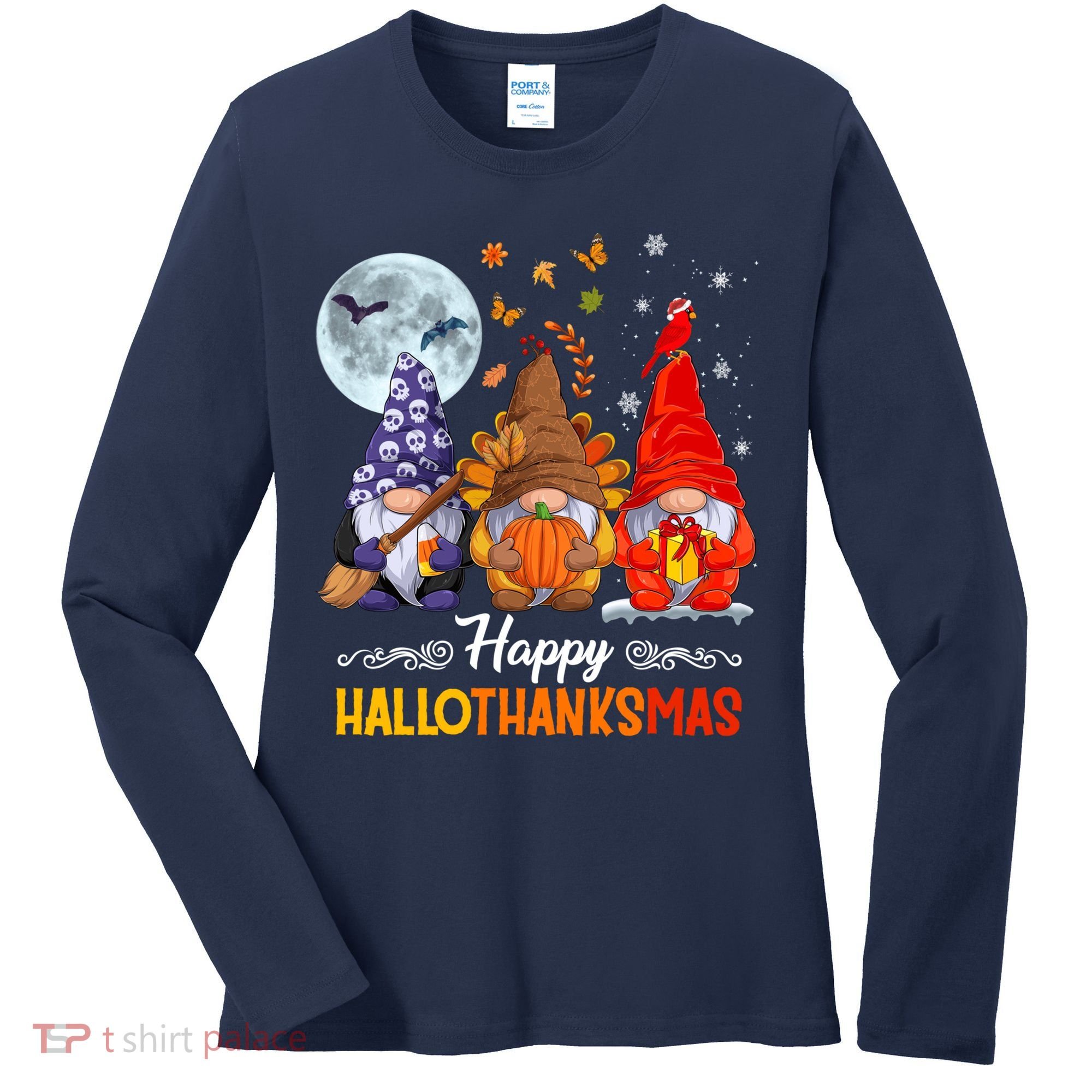 Halloween Thanksgiving Christmas Happy HalloThanksMas Gnomes Women's Long Sleeve Shirt