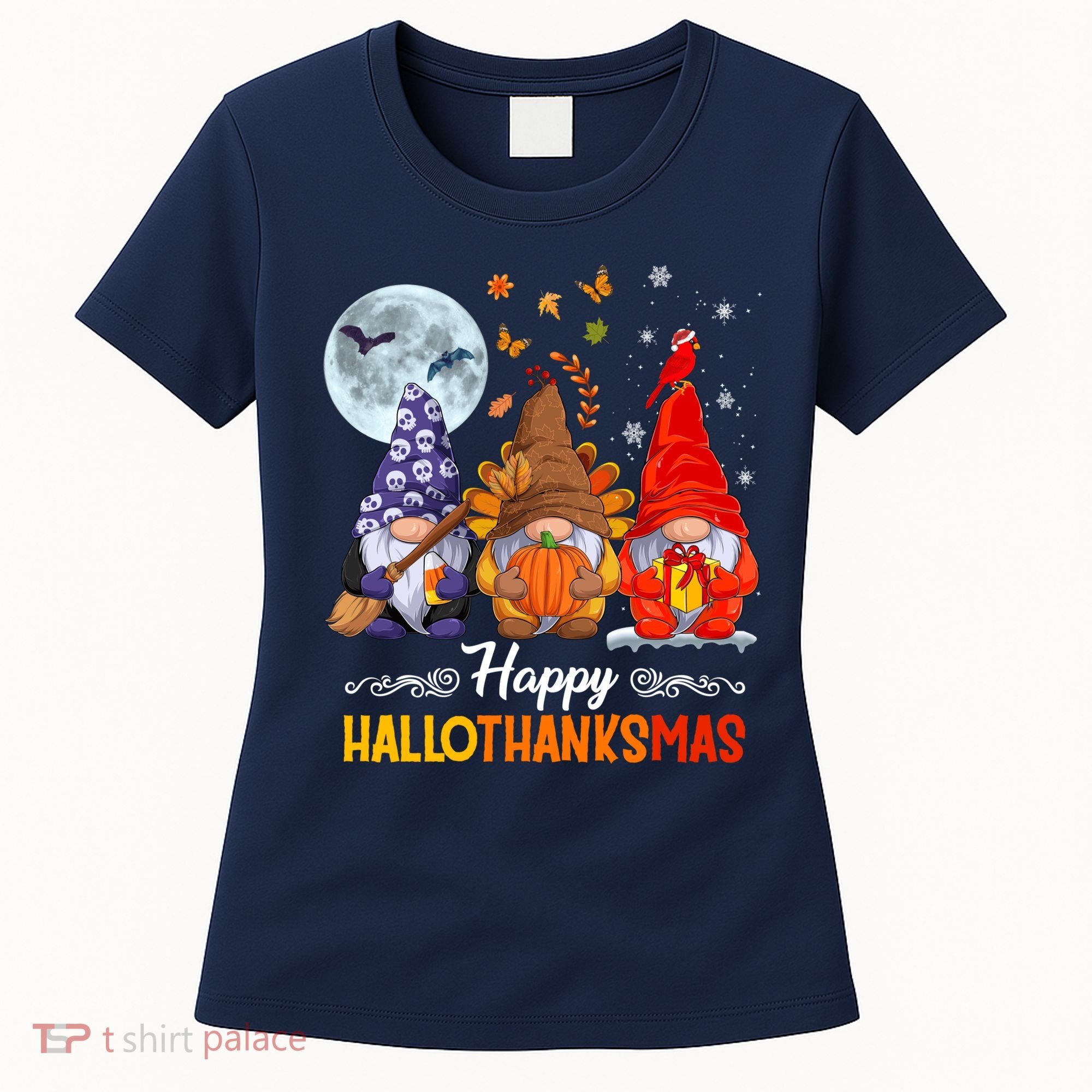 Halloween Thanksgiving Christmas Happy HalloThanksMas Gnomes Women's T-Shirt