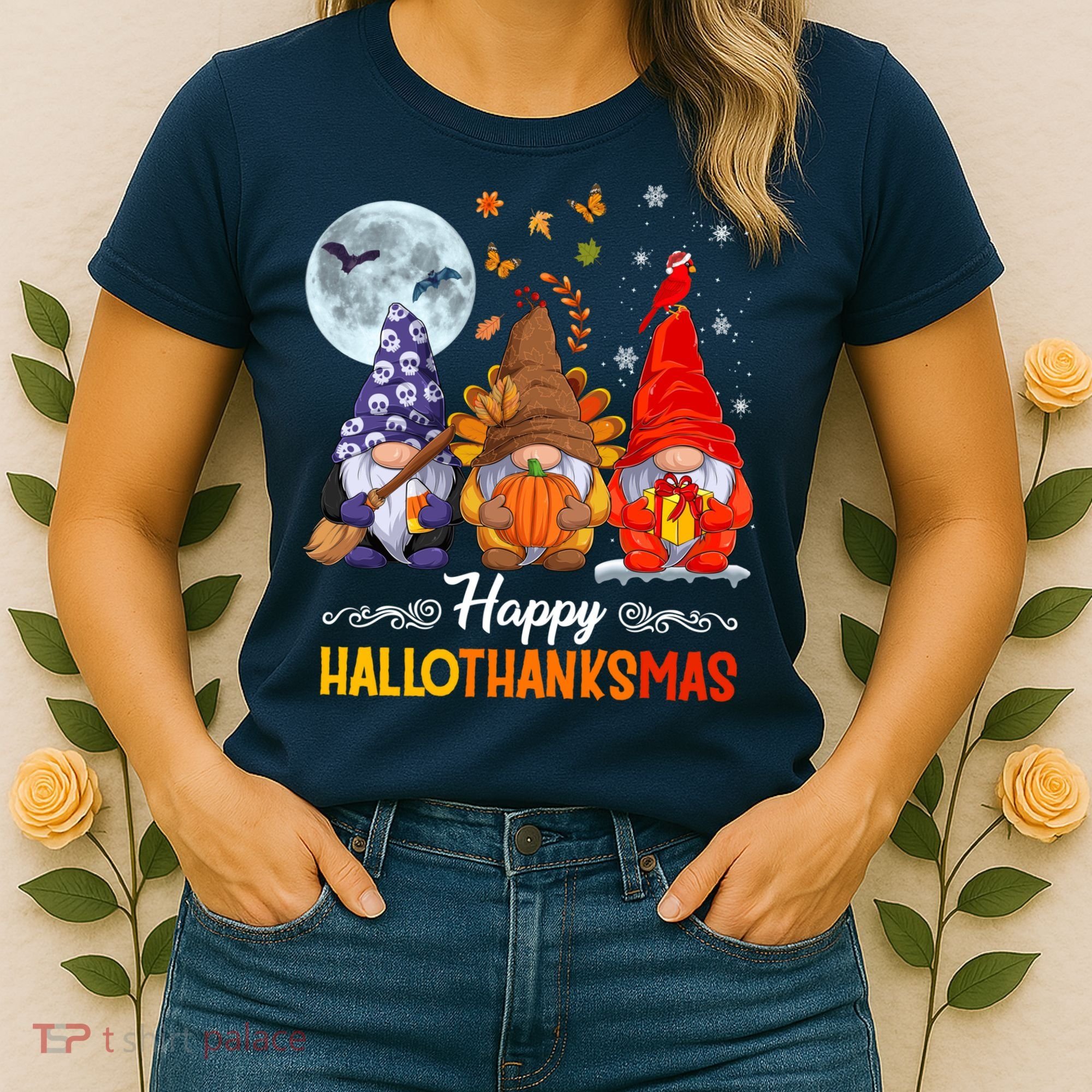 Halloween Thanksgiving Christmas Happy HalloThanksMas Gnomes Women's T-Shirt