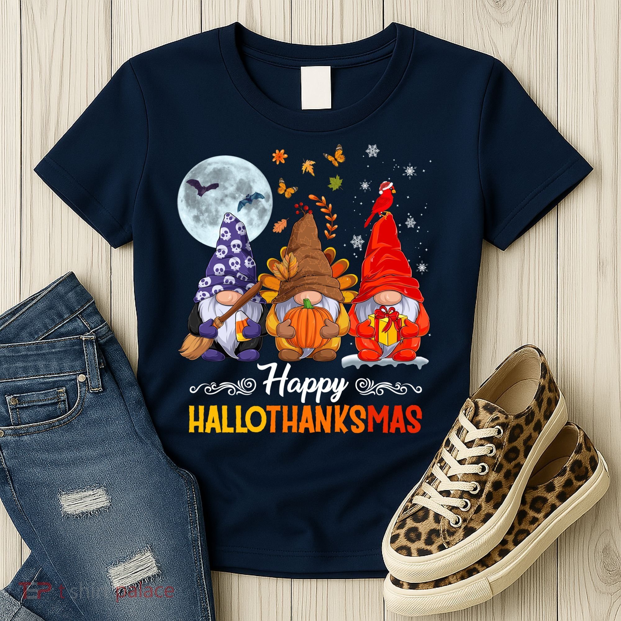 Halloween Thanksgiving Christmas Happy HalloThanksMas Gnomes Women's T-Shirt